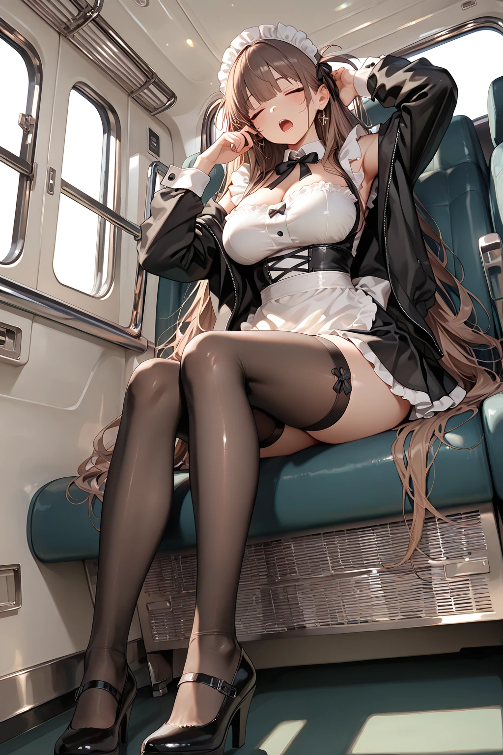 High resolution,masterpiece, Highest quality, Kuo Shenlin , heterochromia , Brown hair, smiling , (((busty))),1girl, sensual body, Her cheeks flushed , train , , ,  , lying, (()), , X, 