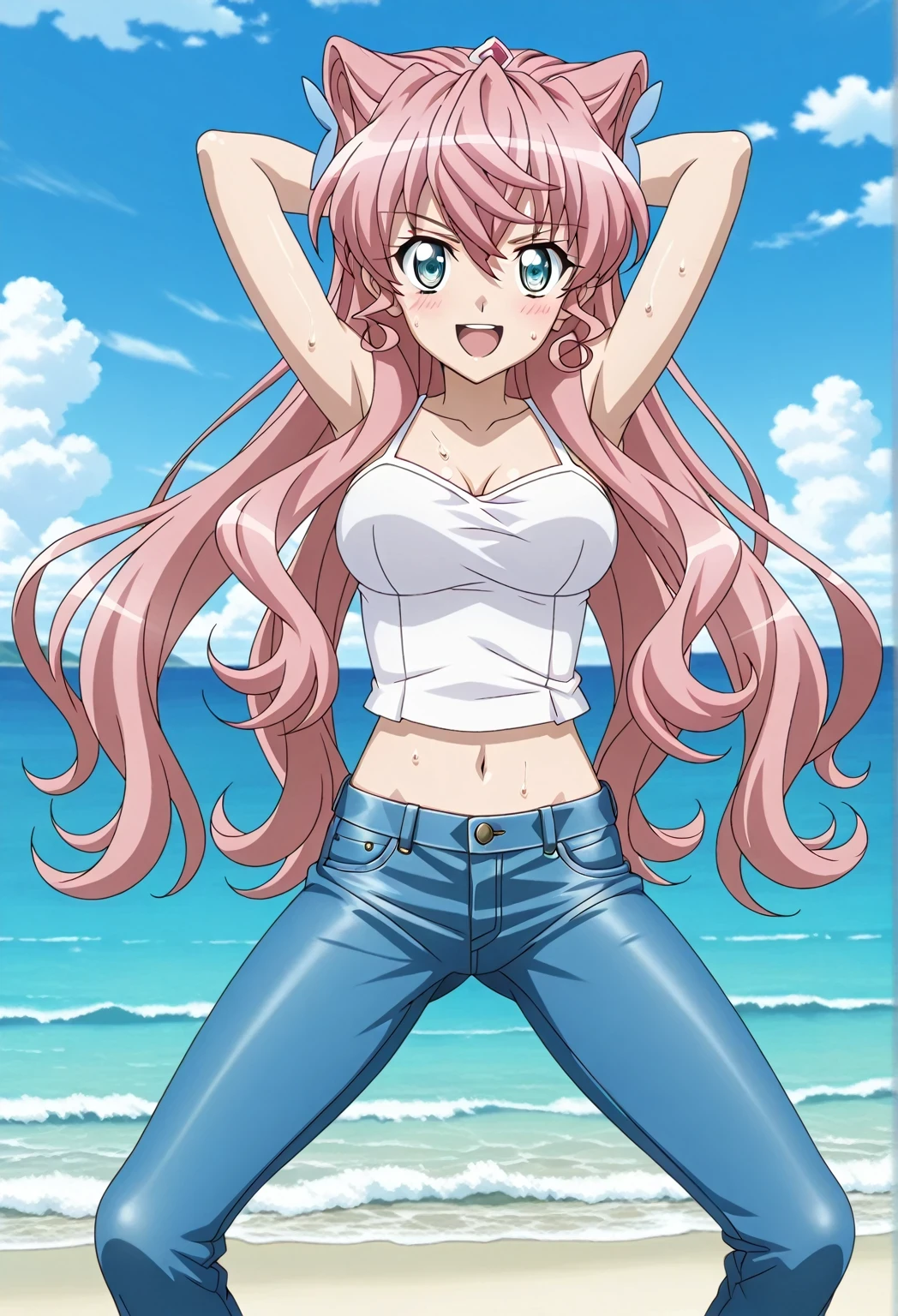 score_9, score_8_up, score_7_up, source_anime, highres, hi res, ((best quality, top quality, perfect quality, Highest Quality, amazing quality)), {{masterpiece}}, {{an extremely delicate and beautiful}}, 2d, intricate details, official style, anime, 8k, anime style, official_anime, official art, digital painting, cell shading, soft shading, high resolution, soothing tones, Subdued Color, Soft cinematic light, adobe lightroom, photolab, HDR, intricately and hyper-detailed, ((high quality animation)), 1 girl, Alone, solo, ((ocean)), tsunami, on the water, day, sunny, outdoors, sky, windy, Maria Cadenzavna Eve, senki zessho symphogear, pink hair, long hair, mariagear long hair, blue eyes, ,hair ornament, anime screencap, , white camisole top, crop top, white crop top, best quality, hyper-detailed jeans, ((blue jeans:1.9)), (dark blue jeans:0.6), full medium body, medium shot, Open mouth, smiling, happy face, blush, sweat, standing, ((arms behind head:6.0)), ((perfect arm line:2.5)), bowlegged, sliding pose, action, looking at viewer, , Bend knees slightly, straight-on front view