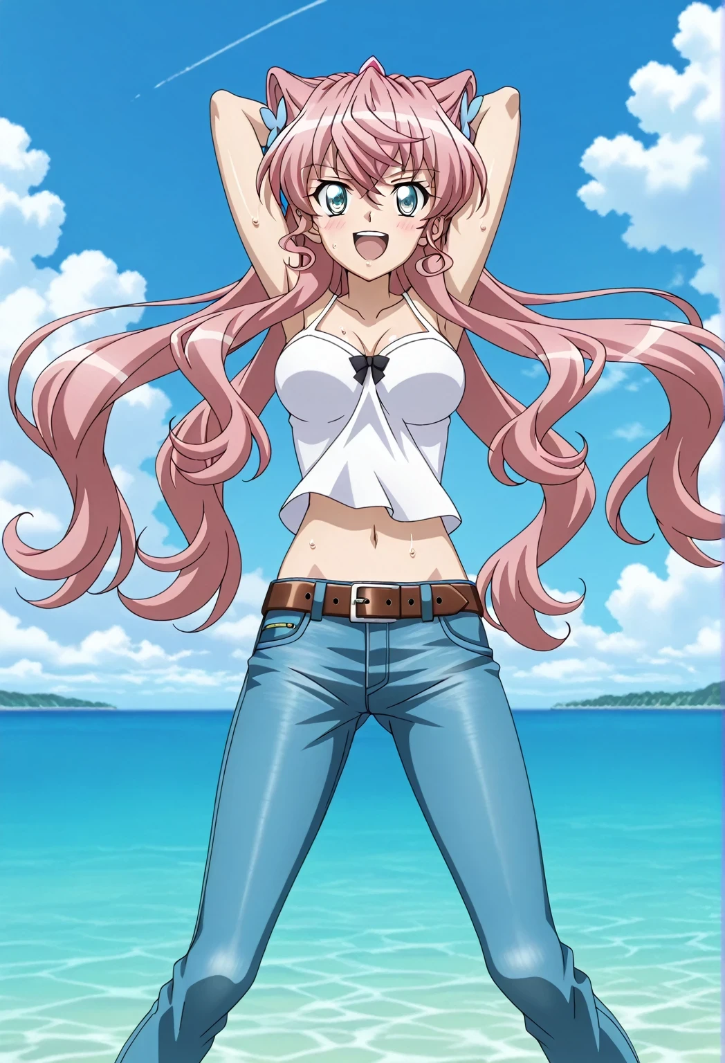 score_9, score_8_up, score_7_up, source_anime, highres, hi res, ((best quality, top quality, perfect quality, Highest Quality, amazing quality)), {{masterpiece}}, {{an extremely delicate and beautiful}}, 2d, intricate details, official style, anime, 8k, anime style, official_anime, official art, digital painting, cell shading, soft shading, high resolution, soothing tones, Subdued Color, Soft cinematic light, adobe lightroom, photolab, HDR, intricately and hyper-detailed, ((high quality animation)), 1 girl, Alone, solo, ((ocean)), tsunami, on the water, day, sunny, outdoors, sky, windy, Maria Cadenzavna Eve, senki zessho symphogear, pink hair, long hair, mariagear long hair, blue eyes, ,hair ornament, anime screencap, , white camisole top, crop top, white crop top, best quality, hyper-detailed jeans, belt, brown belt, ((blue jeans:1.9)), (dark blue jeans:0.6), full medium body, medium shot, Open mouth, smiling, happy face, blush, sweat, standing, ((arms behind head:6.0)), ((perfect arm line:2.5)), bowlegged, sliding pose, action, looking at viewer, , Bend knees slightly, straight-on front view