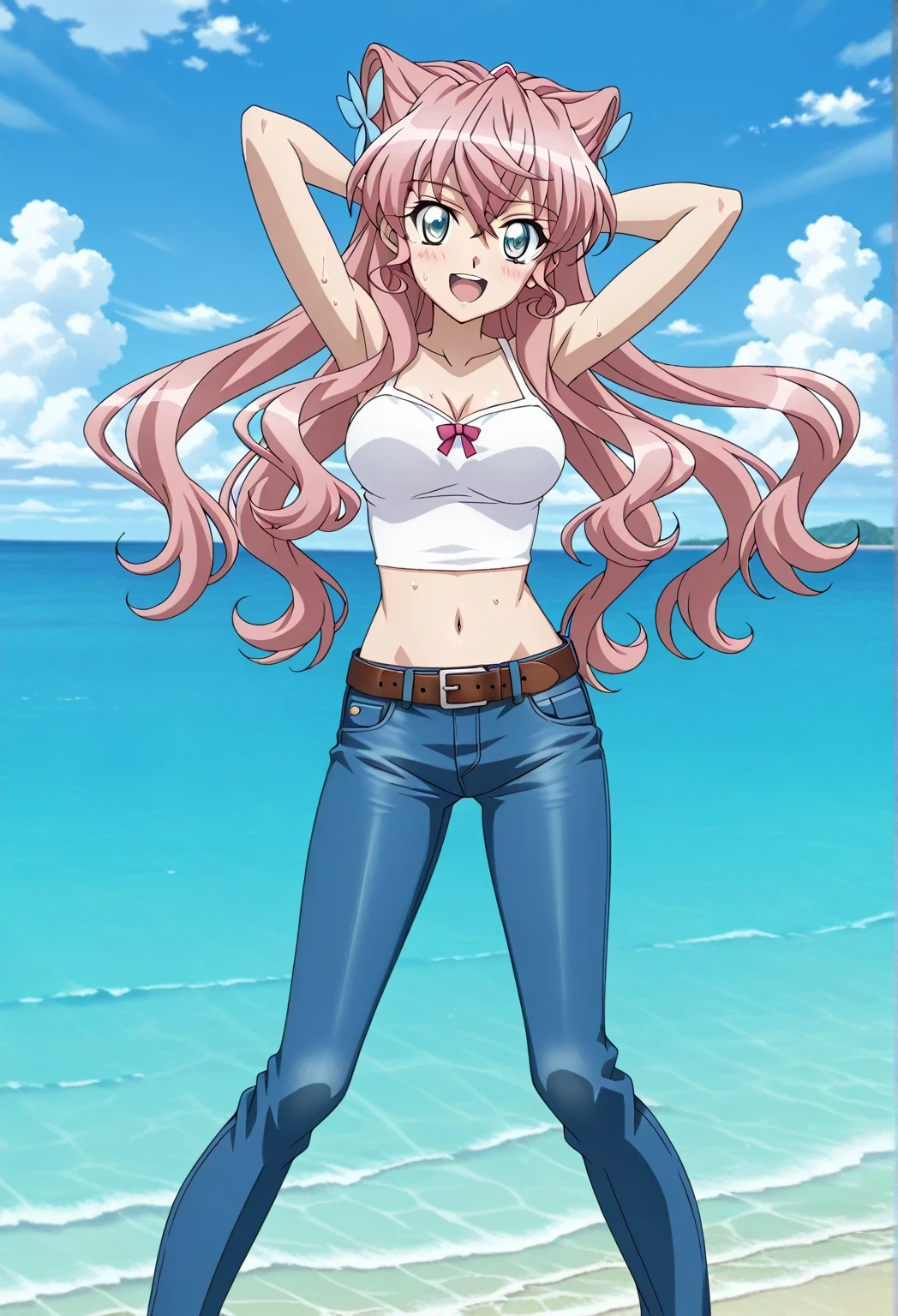 score_9, score_8_up, score_7_up, source_anime, highres, hi res, ((best quality, top quality, perfect quality, Highest Quality, amazing quality)), {{masterpiece}}, {{an extremely delicate and beautiful}}, 2d, intricate details, official style, anime, 8k, anime style, official_anime, official art, digital painting, cell shading, soft shading, high resolution, soothing tones, Subdued Color, Soft cinematic light, adobe lightroom, photolab, HDR, intricately and hyper-detailed, ((high quality animation)), 1 girl, Alone, solo, ((ocean)), tsunami, on the water, day, sunny, outdoors, sky, windy, Maria Cadenzavna Eve, senki zessho symphogear, pink hair, long hair, mariagear long hair,  blue eyes, ,hair ornament, anime screencap, , white camisole top, crop top, white crop top, best quality, hyper-detailed jeans, belt, brown belt, ((blue jeans:1.9)), (dark blue jeans:0.6), full medium body, medium shot, Open mouth, smiling, happy face, blush, sweat, standing, ((arms behind head:6.0)), ((perfect arm line:2.5)), bowlegged, sliding pose, action, looking at viewer, , Bend knees slightly, straight-on front view