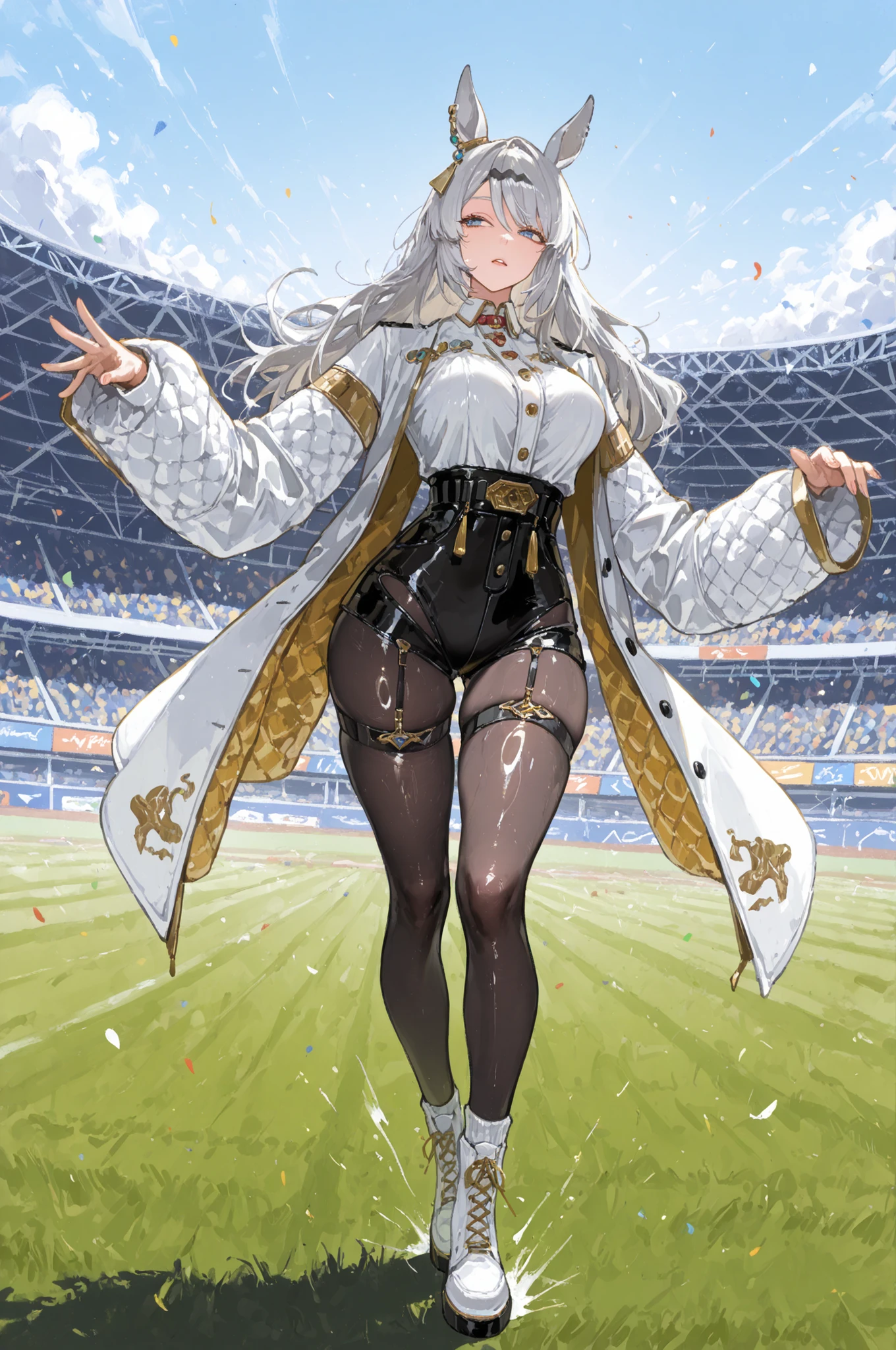 racecourse、Racecourse、Uma Musume、horse ear、Jirio Mahonoko、 A sophisticated eye 、Full Body、GBF_style、748cm style、32K、semi-realistic、  super detailed description on the front 、art work、Original Work、 Detailed Color、 detailed eyes、 detailed face 、Detailed Eyes、detailed eyes、Exquisite eyes, The best傑作、professional job、Beautiful , Lots of Piercings, pop art, shiny oily skin, realistic skin, The best, long hair under , blue eyes,    cool look, narrowed her eyes, viewers, Silver Hair、lawn、Racecourse、Turf、Race Course 、dynamic pose 、緑のlawn,Racecourse、lawn、Black Knee Socks、緑のlawn、black hotpants、black hotpants、black tights、lawnの上、frustrated、Three-quarter sleeves、3/4 sleeve long coat、white coat、garter belt