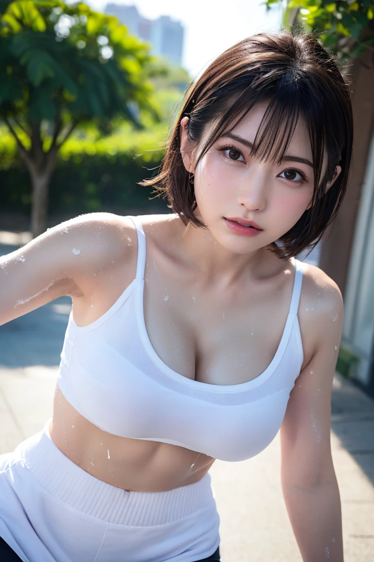 tmasterpiece, 1girll, 独奏, Blinding Light Eyes, White sneakers, tennis wear, White miniskirt, White panties, white knee socks, tmasterpiece, Top  Quality, hentail realism, ultra - detailed, blue-sky, tennis court,  (extremely delicate and beautiful work), ((Masuter Piece)), (Best Quality), glamor body, One lady, 20yo, (Wear tennis clothes:1.5), (taut),  ( aroused face:1.4), ( shoulder cut hair,(Fair skin:1.2), bright lighting, natural lighting, photorealistic lighting, lovely lips、a delicate face、(hentail realism、a photo of_realisitic:1.4)、((Top  Quality、tmasterpiece:1.3))、20yo、((Brown hair))、((shower、White turbid water))、((lascivious pose))、((function))、((Soaked breasts))、(((Drenched body)))、(((Drenched pubic hair)))、A smile full of happiness、Poses that fascinate men、The smile of temptation、Naked upper body、((()))、(((sex)))、(((Manifestations of excitement)))、(((shortage)))、short-hair、Toppless、(((())))