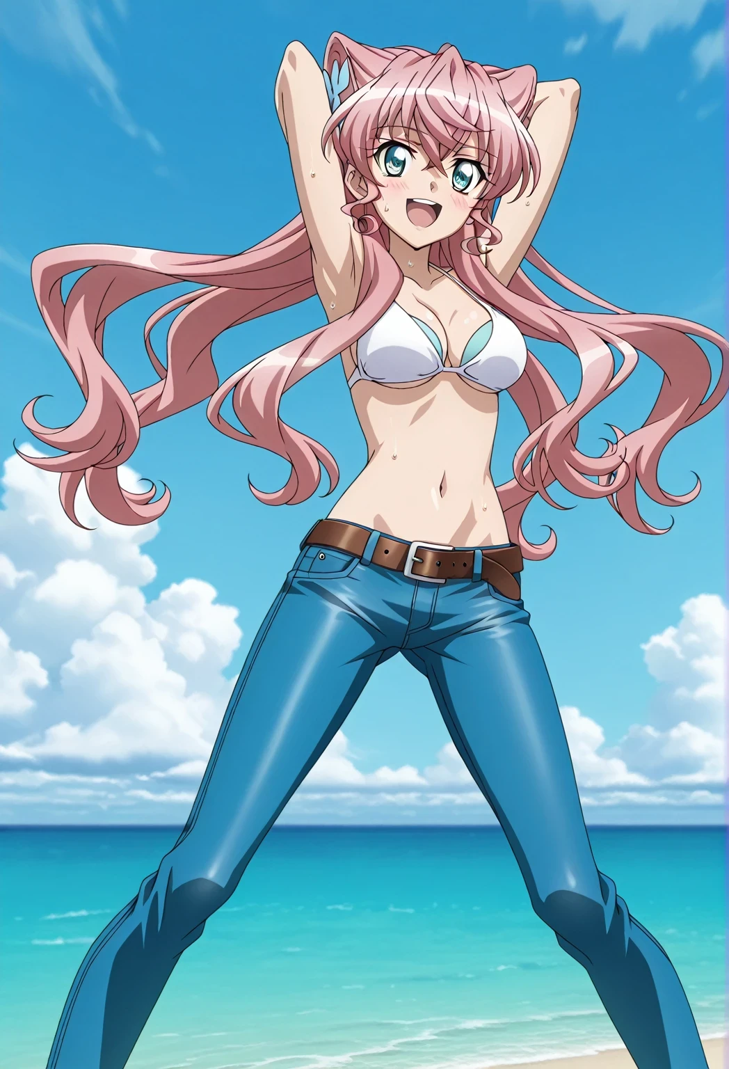 score_9, score_8_up, score_7_up, source_anime, highres, hi res, ((best quality, top quality, perfect quality, Highest Quality, amazing quality)), {{masterpiece}}, {{an extremely delicate and beautiful}}, 2d, intricate details, official style, anime, 8k, anime style, official_anime, official art, digital painting, cell shading, soft shading, high resolution, soothing tones, Subdued Color, Soft cinematic light, adobe lightroom, photolab, HDR, intricately and hyper-detailed, ((high quality animation)), 1 girl, Alone, solo, ((ocean)), tsunami, on the water, day, sunny, outdoors, sky, windy, Maria Cadenzavna Eve, senki zessho symphogear, pink hair, long hair, mariagear long hair, blue eyes, ,hair ornament, anime screencap, , white top, best quality, hyper-detailed jeans, belt, brown belt, ((blue jeans:1.9)), (dark blue jeans:0.6), full medium body, medium shot, Open mouth, smiling, happy face, blush, sweat, standing, ((arms behind head:6.0)), ((perfect arm line:2.5)), bowlegged, sliding pose, action, looking at viewer, , Bend knees slightly, straight-on front view
