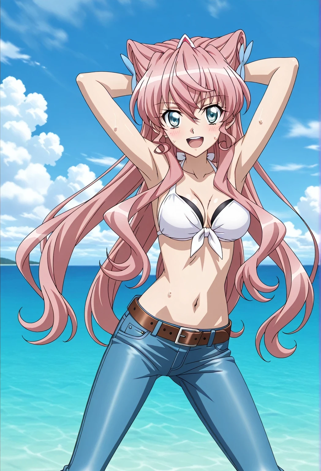score_9, score_8_up, score_7_up, source_anime, highres, hi res, ((best quality, top quality, perfect quality, Highest Quality, amazing quality)), {{masterpiece}}, {{an extremely delicate and beautiful}}, 2d, intricate details, official style, anime, 8k, anime style, official_anime, official art, digital painting, cell shading, soft shading, high resolution, soothing tones, Subdued Color, Soft cinematic light, adobe lightroom, photolab, HDR, intricately and hyper-detailed, ((high quality animation)), 1 girl, Alone, solo, ((ocean)), tsunami, on the water, day, sunny, outdoors, sky, windy, Maria Cadenzavna Eve, senki zessho symphogear, pink hair, long hair, mariagear long hair, blue eyes, ,hair ornament, anime screencap, , white top, best quality, hyper-detailed jeans, belt, brown belt, ((blue jeans:1.9)), (dark blue jeans:0.6), full medium body, medium shot, Open mouth, smiling, happy face, blush, sweat, standing, ((arms behind head:6.0)), ((perfect arm line:2.5)), bowlegged, sliding pose, action, looking at viewer, , Bend knees slightly, straight-on front view