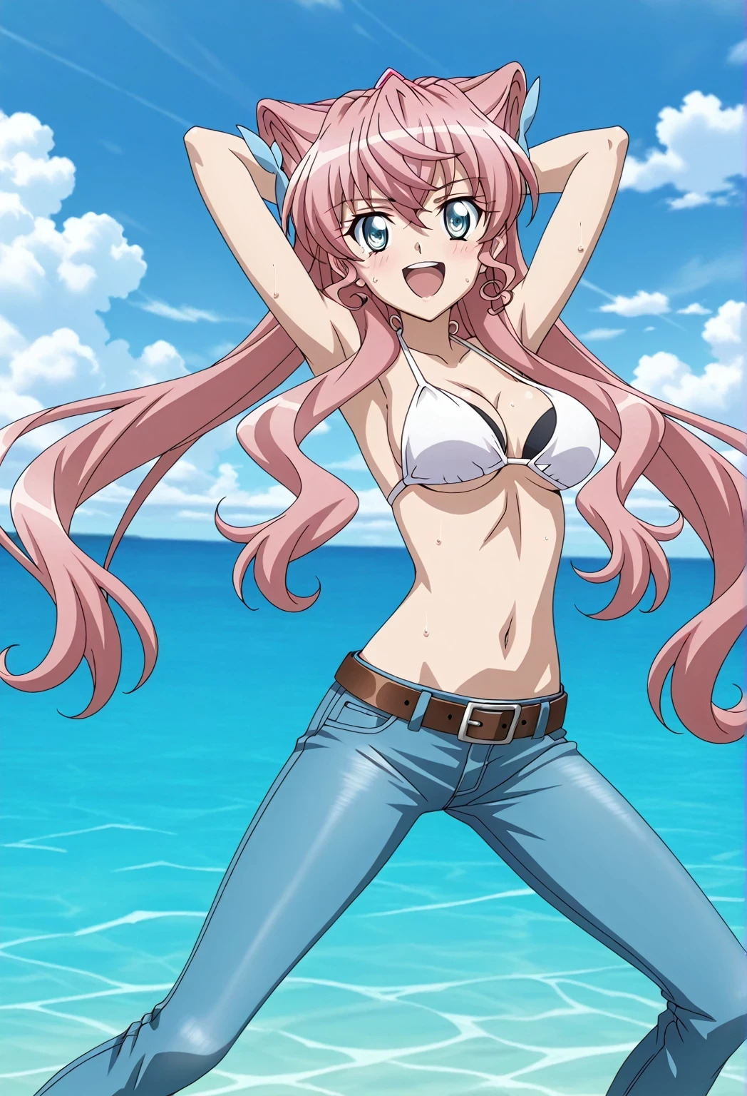 score_9, score_8_up, score_7_up, source_anime, highres, hi res, ((best quality, top quality, perfect quality, Highest Quality, amazing quality)), {{masterpiece}}, {{an extremely delicate and beautiful}}, 2d, intricate details, official style, anime, 8k, anime style, official_anime, official art, digital painting, cell shading, soft shading, high resolution, soothing tones, Subdued Color, Soft cinematic light, adobe lightroom, photolab, HDR, intricately and hyper-detailed, ((high quality animation)), 1 girl, Alone, solo, ((ocean)), tsunami, on the water, day, sunny, outdoors, sky, windy, Maria Cadenzavna Eve, senki zessho symphogear, pink hair, long hair, mariagear long hair,  blue eyes, ,hair ornament, anime screencap, , white  top, best quality, hyper-detailed jeans, belt, brown belt, ((blue jeans:1.9)), (dark blue jeans:0.6), full medium body, medium shot, Open mouth, smiling, happy face, blush, sweat, standing, ((arms behind head:6.0)), ((perfect arm line:2.5)), bowlegged, sliding pose, action, looking at viewer, , Bend knees slightly, straight-on front view