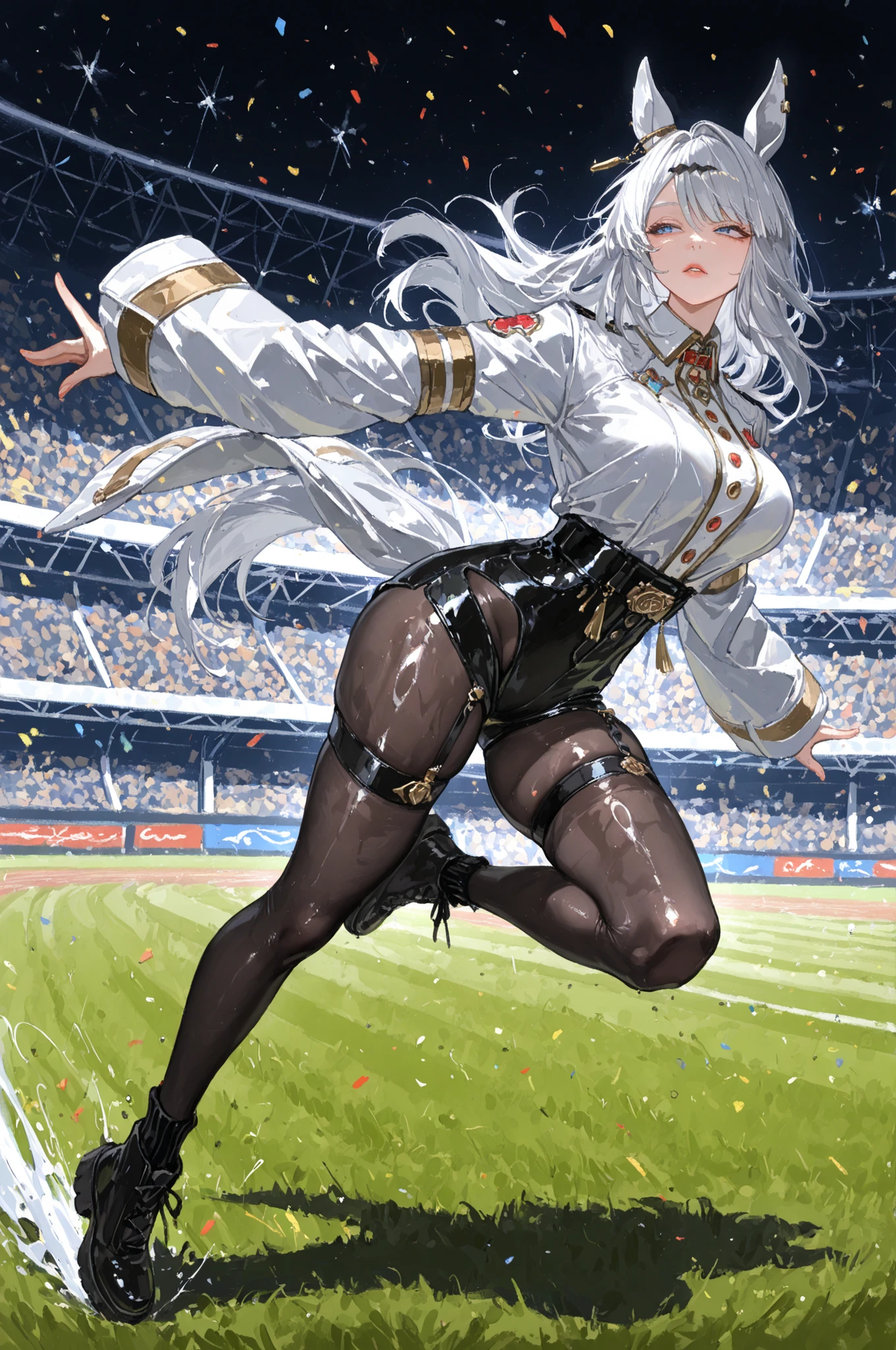 Uma Musume、horse ear、Jirio Mahonoko、 A sophisticated eye 、Full Body、GBF_style、748cm style、32K、semi-realistic、  super detailed description on the front 、art work、Original Work、 Detailed Color、 detailed eyes、 detailed face 、Detailed Eyes、detailed eyes、Exquisite eyes, The best傑作、professional job、Beautiful , Lots of Piercings, pop art, shiny oily skin, realistic skin, The best, long hair under , blue eyes,    cool look, narrowed her eyes, viewers, Silver Hair、lawn、Racecourse、Turf、Race Course 、dynamic pose 、緑のlawn,Racecourse、lawn、Black Knee Socks、緑のlawn、black hotpants、black hotpants、black tights、lawnの上、frustrated、Three-quarter sleeves、3/4 sleeve long coat、white coat、garter belt