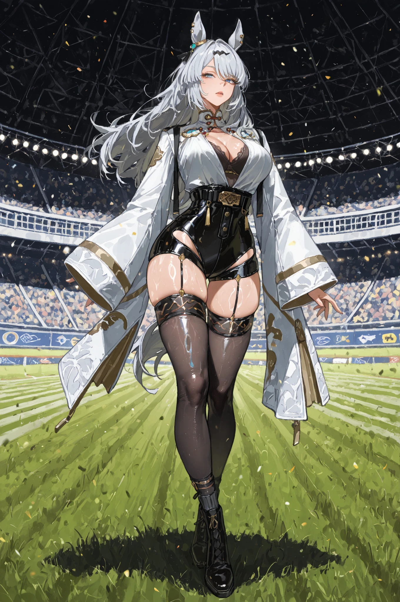 racecourse、Racecourse、Uma Musume、horse ear、Jirio Mahonoko、 A sophisticated eye 、Full Body、GBF_style、748cm style、32K、semi-realistic、  super detailed description on the front 、art work、Original Work、 Detailed Color、 detailed eyes、 detailed face 、Detailed Eyes、detailed eyes、Exquisite eyes, The best傑作、professional job、Beautiful , Lots of Piercings, pop art, shiny oily skin, realistic skin, The best, long hair under , blue eyes,    cool look, narrowed her eyes, viewers, Silver Hair、lawn、Racecourse、Turf、Race Course 、dynamic pose 、緑のlawn,Racecourse、lawn、Black Knee Socks、緑のlawn、black hotpants、black hotpants、black tights、lawnの上、frustrated、Three-quarter sleeves、3/4 sleeve long coat、white coat、garter belt