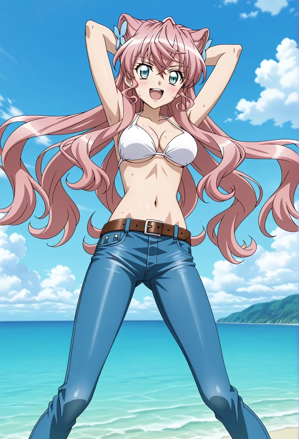 score_9, score_8_up, score_7_up, source_anime, highres, hi res, ((best quality, top quality, perfect quality, Highest Quality, amazing quality)), {{masterpiece}}, {{an extremely delicate and beautiful}}, 2d, intricate details, official style, anime, 8k, anime style, official_anime, official art, digital painting, cell shading, soft shading, high resolution, soothing tones, Subdued Color, Soft cinematic light, adobe lightroom, photolab, HDR, intricately and hyper-detailed, ((high quality animation)), 1 girl, Alone, solo, ((ocean)), tsunami, on the water, day, sunny, outdoors, sky, windy, Maria Cadenzavna Eve, senki zessho symphogear, pink hair, long hair, mariagear long hair, blue eyes, ,hair ornament, anime screencap, , white top, best quality, hyper-detailed jeans, belt, brown belt, ((blue jeans:1.9)), (dark blue jeans:0.6), full medium body, medium shot, Open mouth, smiling, happy face, blush, sweat, standing, ((arms behind head:6.0)), ((perfect arm line:2.5)), bowlegged, sliding pose, action, looking at viewer, , Bend knees slightly, straight-on front view
