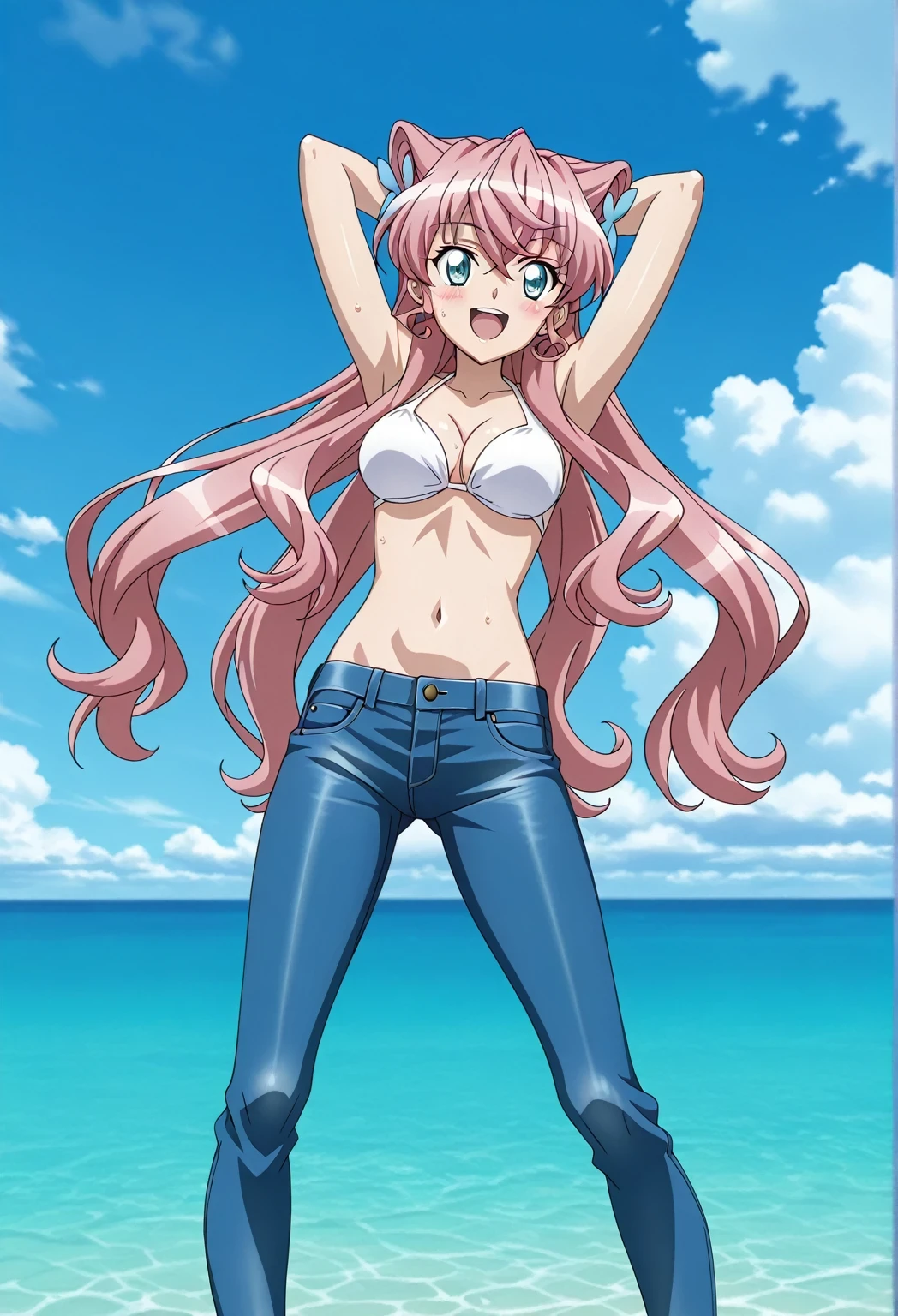 score_9, score_8_up, score_7_up, source_anime, highres, hi res, ((best quality, top quality, perfect quality, Highest Quality, amazing quality)), {{masterpiece}}, {{an extremely delicate and beautiful}}, 2d, intricate details, official style, anime, 8k, anime style, official_anime, official art, digital painting, cell shading, soft shading, high resolution, soothing tones, Subdued Color, Soft cinematic light, adobe lightroom, photolab, HDR, intricately and hyper-detailed, ((high quality animation)), 1 girl, Alone, solo, ((ocean)), tsunami, on the water, day, sunny, outdoors, sky, windy, Maria Cadenzavna Eve, senki zessho symphogear, pink hair, long hair, mariagear long hair, blue eyes, ,hair ornament, anime screencap, , white top, best quality, hyper-detailed jeans, ((blue jeans:1.9)), (dark blue jeans:0.6), full medium body, medium shot, Open mouth, smiling, happy face, blush, sweat, standing, ((arms behind head:6.0)), ((perfect arm line:2.5)), bowlegged, sliding pose, action, looking at viewer, , Bend knees slightly, straight-on front view