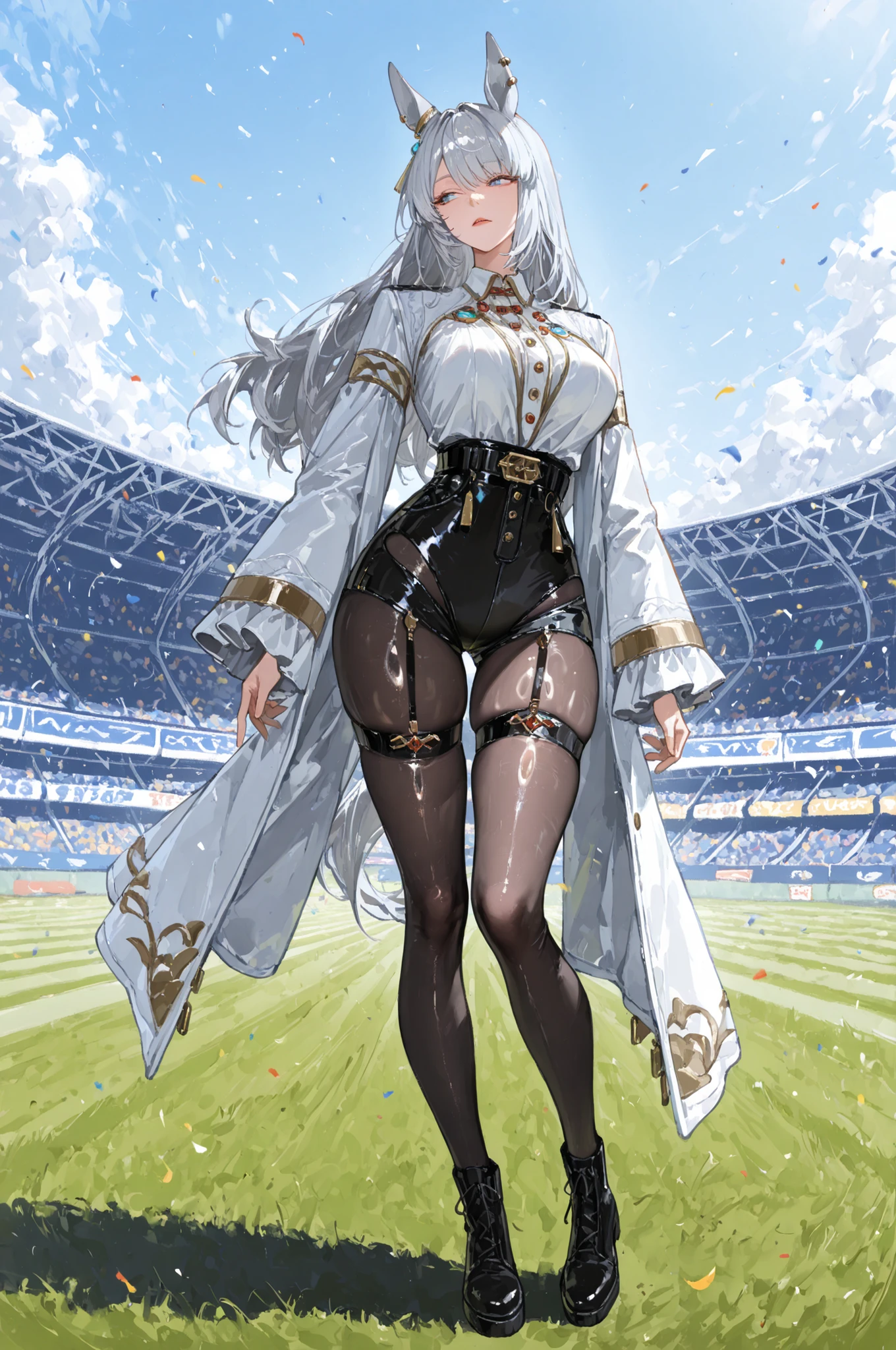 Uma Musume、horse ear、Jirio Mahonoko、 A sophisticated eye 、Full Body、GBF_style、748cm style、32K、semi-realistic、  super detailed description on the front 、art work、Original Work、 Detailed Color、 detailed eyes、 detailed face 、Detailed Eyes、detailed eyes、Exquisite eyes, The best傑作、professional job、Beautiful , Lots of Piercings, pop art, shiny oily skin, realistic skin, The best, long hair under , blue eyes,    cool look, narrowed her eyes, viewers, Silver Hair、lawn、Racecourse、Turf、Race Course 、dynamic pose 、緑のlawn,Racecourse、lawn、Black Knee Socks、緑のlawn、black hotpants、black hotpants、black tights、lawnの上、frustrated、Three-quarter sleeves、3/4 sleeve long coat、white coat、garter belt