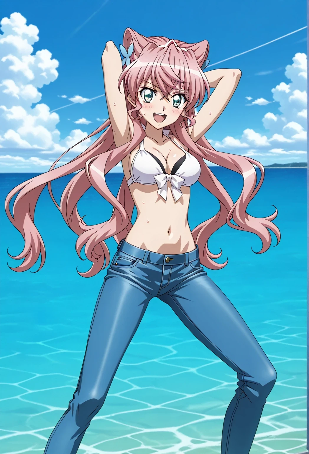 score_9, score_8_up, score_7_up, source_anime, highres, hi res, ((best quality, top quality, perfect quality, Highest Quality, amazing quality)), {{masterpiece}}, {{an extremely delicate and beautiful}}, 2d, intricate details, official style, anime, 8k, anime style, official_anime, official art, digital painting, cell shading, soft shading, high resolution, soothing tones, Subdued Color, Soft cinematic light, adobe lightroom, photolab, HDR, intricately and hyper-detailed, ((high quality animation)), 1 girl, Alone, solo, ((ocean)), tsunami, on the water, day, sunny, outdoors, sky, windy, Maria Cadenzavna Eve, senki zessho symphogear, pink hair, long hair, mariagear long hair, blue eyes, ,hair ornament, anime screencap, , white top, best quality, hyper-detailed jeans, ((blue jeans:1.9)), (dark blue jeans:0.6), full medium body, medium shot, Open mouth, smiling, happy face, blush, sweat, standing, ((arms behind head:6.0)), ((perfect arm line:2.5)), bowlegged, sliding pose, action, looking at viewer, , Bend knees slightly, straight-on front view