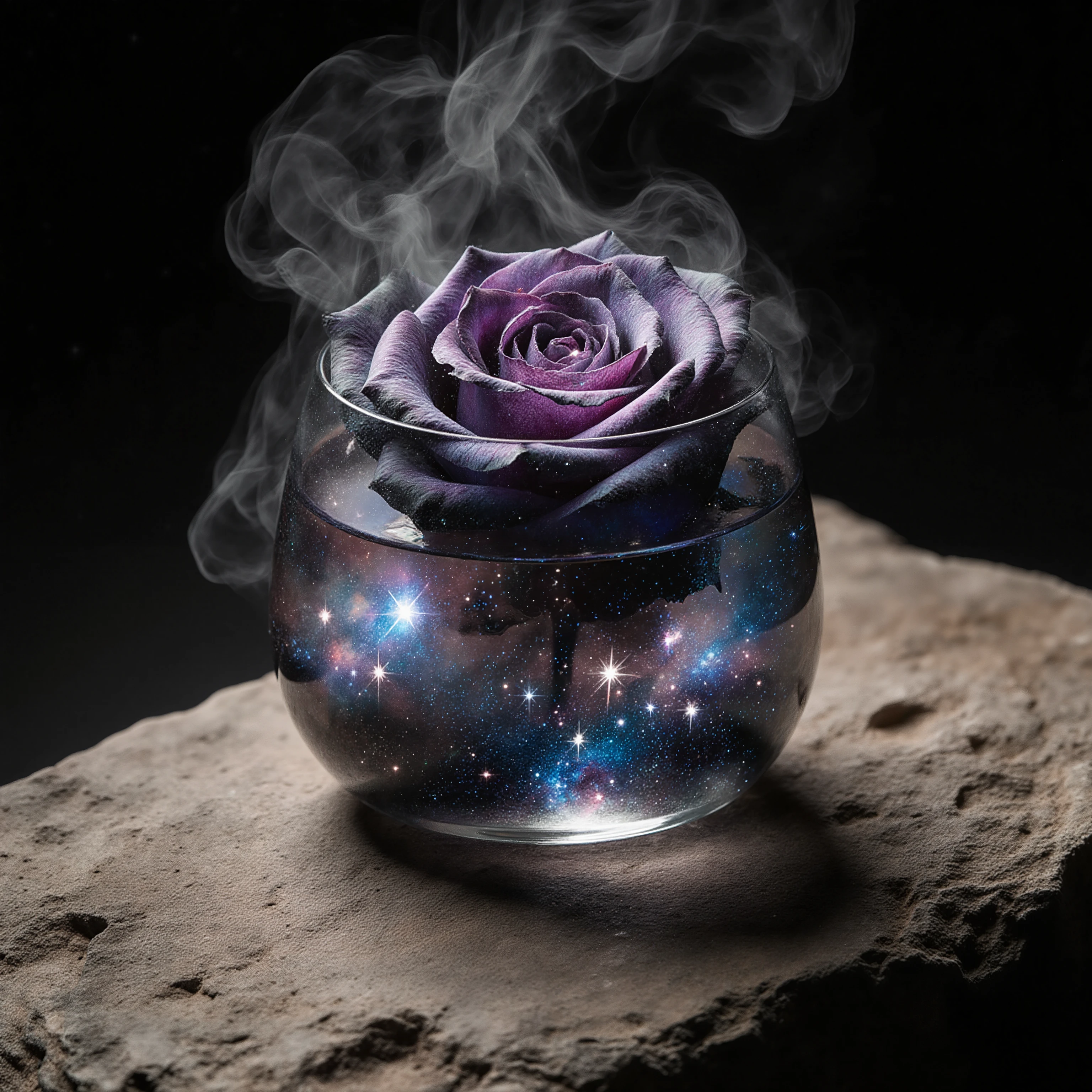 (macro photography:1.4), a surreal still life of a glass rose filled with swirling galaxy and tiny stars, on a (textured ancient stone slab:1.2), (dramatic chiaroscuro lighting:1.3), (hyperdetailed, intricate, 8k:1.2), (photorealistic, focus stacking:1.2), (ethereal smoke, dust particles:1.1), (style of Karl Taylor:1.1), dark background, masterpiece of still life photography