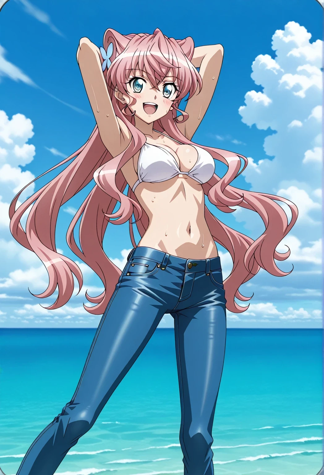 score_9, score_8_up, score_7_up, source_anime, highres, hi res, ((best quality, top quality, perfect quality, Highest Quality, amazing quality)), {{masterpiece}}, {{an extremely delicate and beautiful}}, 2d, intricate details, official style, anime, 8k, anime style, official_anime, official art, digital painting, cell shading, soft shading, high resolution, soothing tones, Subdued Color, Soft cinematic light, adobe lightroom, photolab, HDR, intricately and hyper-detailed, ((high quality animation)), 1 girl, Alone, solo, ((ocean)), tsunami, on the water, day, sunny, outdoors, sky, windy, Maria Cadenzavna Eve, senki zessho symphogear, pink hair, long hair, mariagear long hair, blue eyes, ,hair ornament, anime screencap, , white top, best quality, hyper-detailed jeans, ((blue jeans:1.9)), (dark blue jeans:0.6), full medium body, medium shot, Open mouth, smiling, happy face, blush, sweat, standing, ((arms behind head:6.0)), ((perfect arm line:2.5)), bowlegged, sliding pose, action, looking at viewer, , Bend knees slightly, straight-on front view