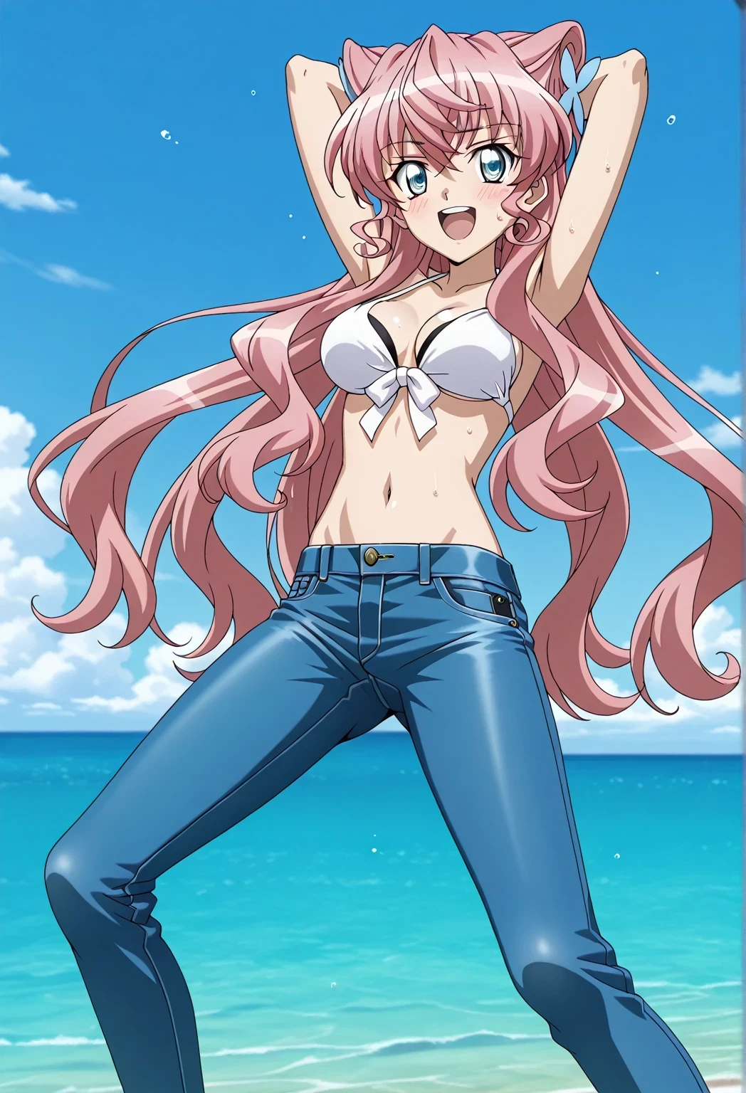 score_9, score_8_up, score_7_up, source_anime, highres, hi res, ((best quality, top quality, perfect quality, Highest Quality, amazing quality)), {{masterpiece}}, {{an extremely delicate and beautiful}}, 2d, intricate details, official style, anime, 8k, anime style, official_anime, official art, digital painting, cell shading, soft shading, high resolution, soothing tones, Subdued Color, Soft cinematic light, adobe lightroom, photolab, HDR, intricately and hyper-detailed, ((high quality animation)), 1 girl, Alone, solo, ((ocean)), tsunami, on the water, day, sunny, outdoors, sky, windy, Maria Cadenzavna Eve, senki zessho symphogear, pink hair, long hair, mariagear long hair,  blue eyes, ,hair ornament, anime screencap, , white  top, best quality, hyper-detailed jeans, ((blue jeans:1.9)), (dark blue jeans:0.6), full medium body, medium shot, Open mouth, smiling, happy face, blush, sweat, standing, ((arms behind head:6.0)), ((perfect arm line:2.5)), bowlegged, sliding pose, action, looking at viewer, , Bend knees slightly, straight-on front view