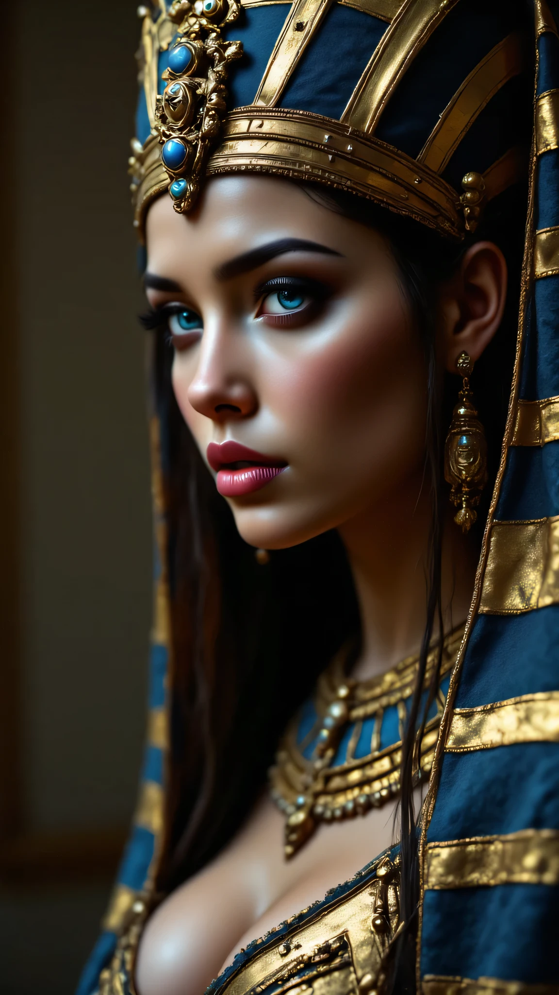 portrait, close-up of Cleopatra as a female sphinx, epic, big head , passionate, stylized , sexy, heroic, Beautiful, detailed light blue eyes, snub nose, full lips, Golden skin, wearing a pharaoh's headdress with blue and gold stripes, blue and gold Egyptian collar, blue and gold dress, thoracic, big rounded chest, deep neckline, aidmafluxpro1.1