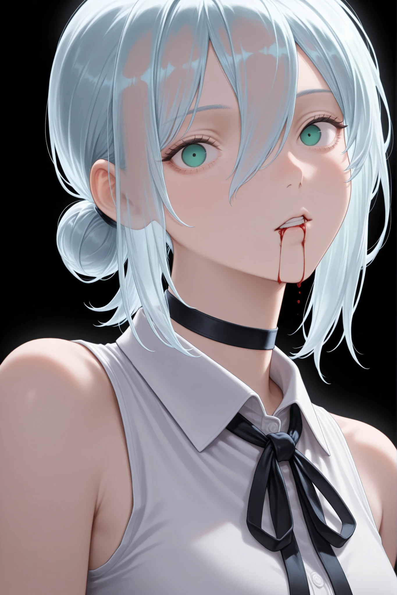 djm_up, transparent_hair, upper body, ribbon, black ribbon, looking at viewer, blood from mouth, reze (chainsaw man), white shirt, green eyes, sleeveless, sleeveless shirt, hair between eyes, neck ribbon, short hair, black choker, medium hair, choker, shirt, solo, single hair bun, simple background, blood, 1girl, hair bun, collared shirt