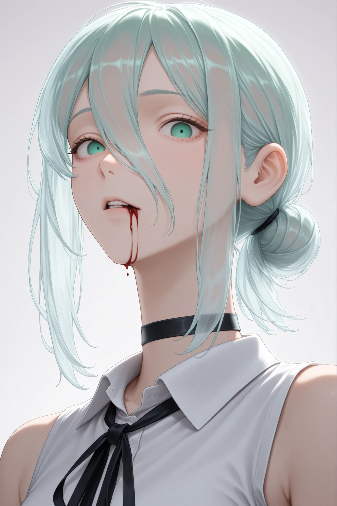 djm_up, transparent_hair, upper body, ribbon, black ribbon, looking at viewer, blood from mouth, reze (chainsaw man), white shirt, green eyes, sleeveless, sleeveless shirt, hair between eyes, neck ribbon, short hair, black choker, medium hair, choker, shirt, solo, single hair bun, simple background, blood, 1girl, hair bun, collared shirt