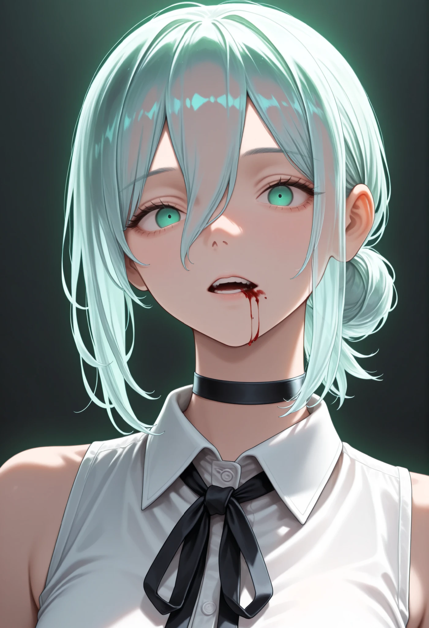 djm_up, transparent_hair, upper body, ribbon, black ribbon, looking at viewer, blood from mouth, reze (chainsaw man), white shirt, green eyes, sleeveless, sleeveless shirt, hair between eyes, neck ribbon, short hair, black choker, medium hair, choker, shirt, solo, single hair bun, simple background, blood, 1girl, hair bun, collared shirt