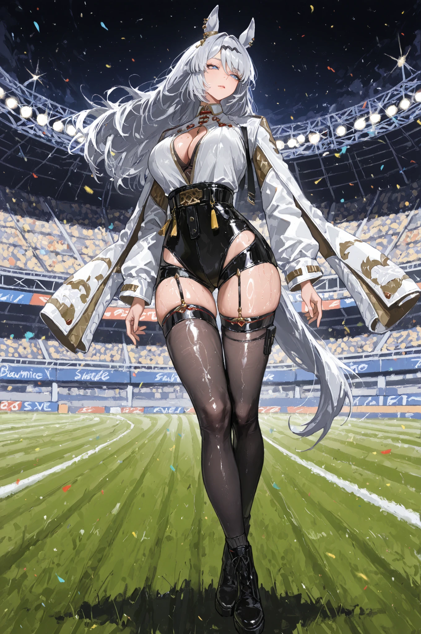 racecourse、Racecourse、Uma Musume、horse ear、Jirio Mahonoko、 A sophisticated eye 、Full Body、GBF_style、748cm style、32K、semi-realistic、  super detailed description on the front 、art work、Original Work、 Detailed Color、 detailed eyes、 detailed face 、Detailed Eyes、detailed eyes、Exquisite eyes, The best傑作、professional job、Beautiful , Lots of Piercings, pop art, shiny oily skin, realistic skin, The best, long hair under , blue eyes,    cool look, narrowed her eyes, viewers, Silver Hair、lawn、Racecourse、Turf、Race Course 、dynamic pose 、緑のlawn,Racecourse、lawn、Black Knee Socks、緑のlawn、black hotpants、black hotpants、black tights、lawnの上、frustrated、Three-quarter sleeves、3/4 sleeve long coat、white coat、garter belt