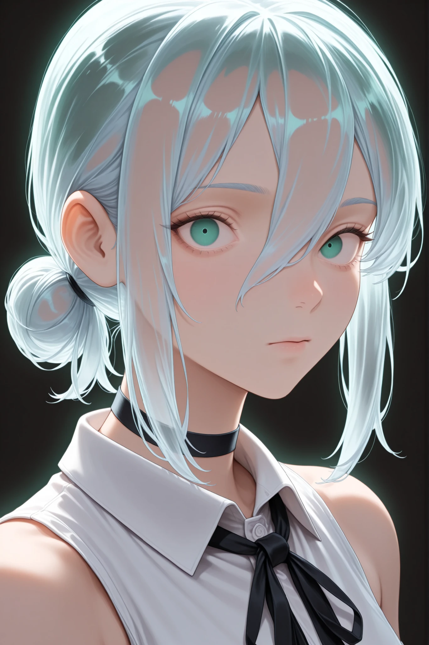 djm_up, transparent_hair, upper body, ribbon, black ribbon, looking at viewer, reze (chainsaw man), white shirt, green eyes, sleeveless, sleeveless shirt, hair between eyes, neck ribbon, short hair, black choker, medium hair, choker, shirt, solo, single hair bun, simple background, blood, 1girl, hair bun, collared shirt