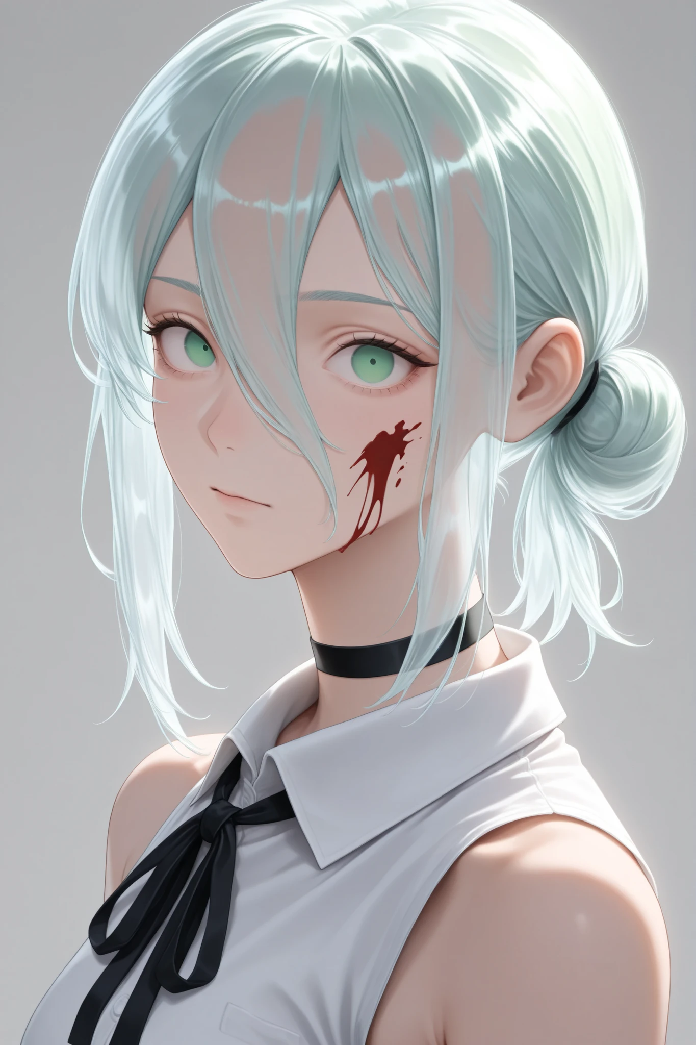 djm_up, transparent_hair, upper body, ribbon, black ribbon, looking at viewer, reze (chainsaw man), white shirt, green eyes, sleeveless, sleeveless shirt, hair between eyes, neck ribbon, short hair, black choker, medium hair, choker, shirt, solo, single hair bun, simple background, blood, 1girl, hair bun, collared shirt