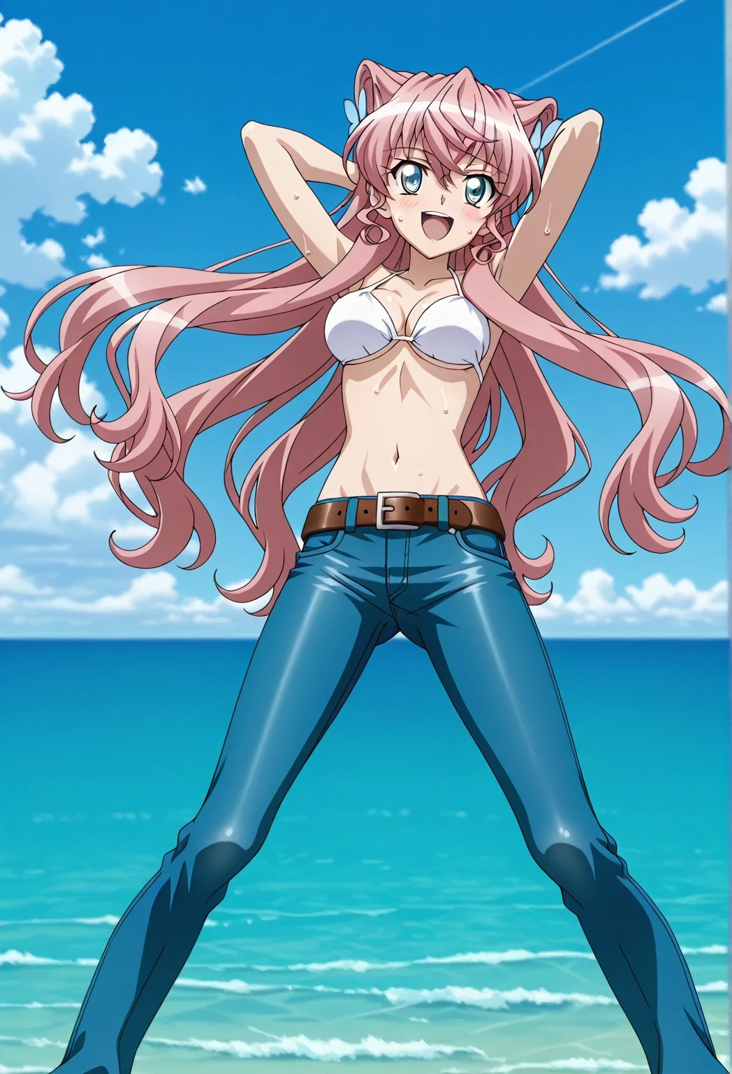 score_9, score_8_up, score_7_up, source_anime, highres, hi res, ((best quality, top quality, perfect quality, Highest Quality, amazing quality)), {{masterpiece}}, {{an extremely delicate and beautiful}}, 2d, intricate details, official style, anime, 8k, anime style, official_anime, official art, digital painting, cell shading, soft shading, high resolution, soothing tones, Subdued Color, Soft cinematic light, adobe lightroom, photolab, HDR, intricately and hyper-detailed, ((high quality animation)), 1 girl, Alone, solo, ((ocean)), tsunami, on the water, day, sunny, outdoors, sky, windy, Maria Cadenzavna Eve, senki zessho symphogear, pink hair, long hair, mariagear long hair,  blue eyes, ,hair ornament, anime screencap, , white  top, best quality, hyper-detailed jeans, belt, brown belt, ((blue jeans:1.9)), (dark blue jeans:0.6), full medium body, medium shot, Open mouth, smiling, happy face, blush, sweat, standing, ((arms behind head:6.0)), ((perfect arm line:2.5)), bowlegged, sliding pose, action, looking at viewer, , Bend knees slightly, straight-on front view