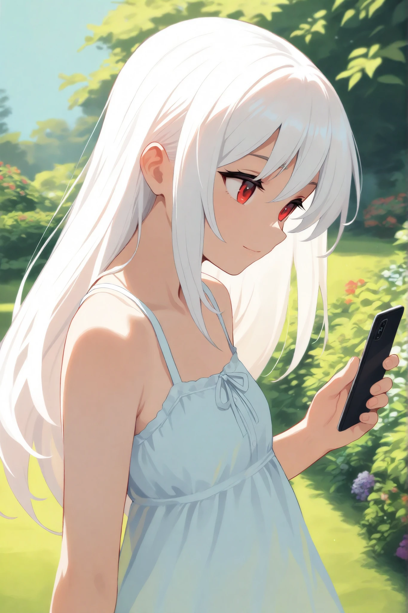 masterpiece, best quality, very aesthetic, 1girl, solo, light smile, white hair, long hair, red eyes, upper body, holding phone, sundress, outdoors, garden, day