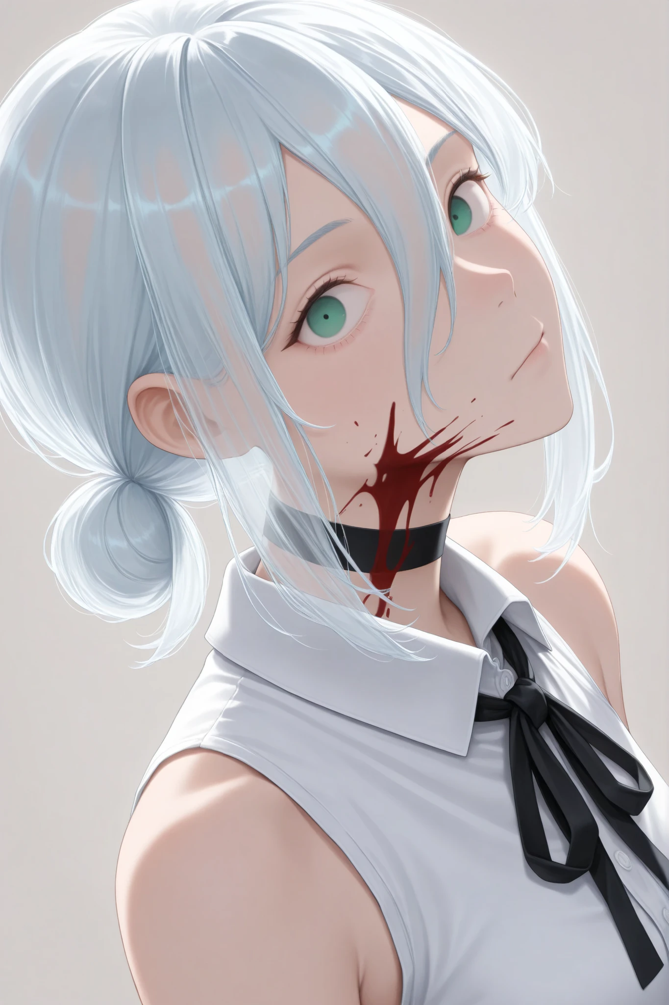 djm_up, transparent_hair, upper body, ribbon, black ribbon, looking at viewer, reze (chainsaw man), white shirt, green eyes, sleeveless, sleeveless shirt, hair between eyes, neck ribbon, short hair, black choker, medium hair, choker, shirt, solo, single hair bun, simple background, blood, 1girl, hair bun, collared shirt