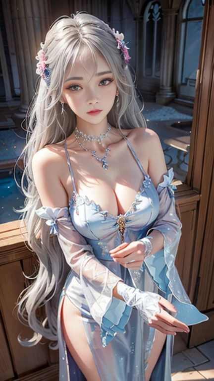 ((masterpiece:1.5,Highest quality,Highly detailed images,Beautiful images、Realistic、Photorealistic、2.5D))(1girl, 独奏)(??????????????, white hair, black eyes, Healthy legs、Tight ???、Beautiful cleavage)(Fantasy dresses、Fantasy Clothes、Battle Dress from Another World、Deep slit)(wind, floating hair)(Inside the castle、Audience Chamber）
