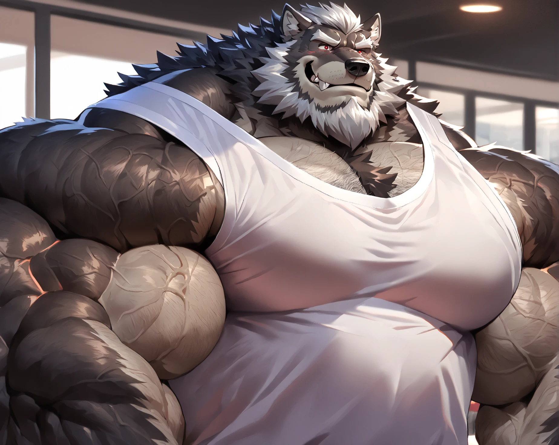 Bara, Solo, by Taran Fiddler, muscular male, mature age, middle-aged, furry male, canine, white fur, beard, , red boxers, looking towards viewer, sitting on couch, living room, detailed, detailed face, handsome face