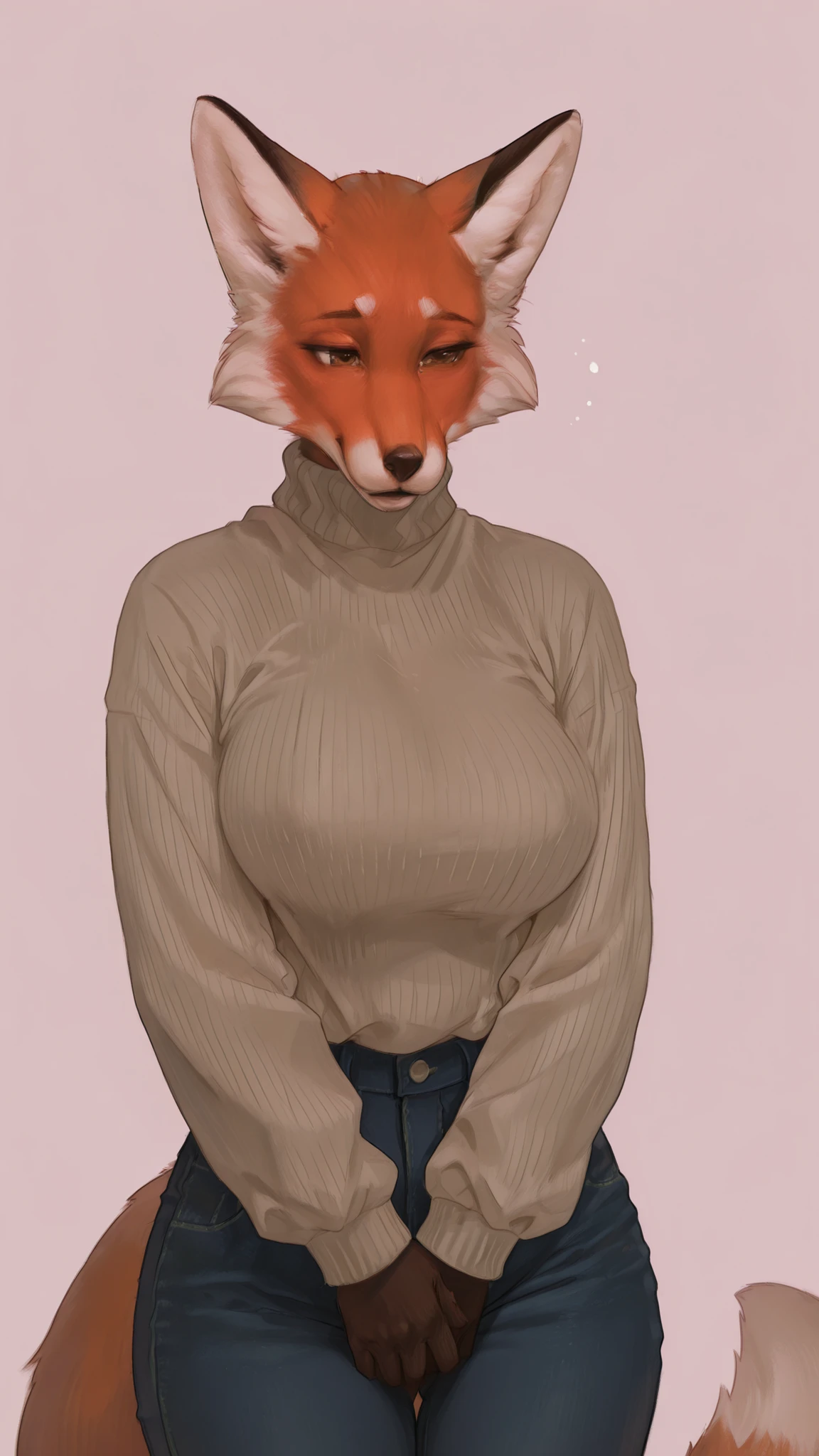 simple background, realistic, anthro, fox, sweater, jeans, big breasts, sad,