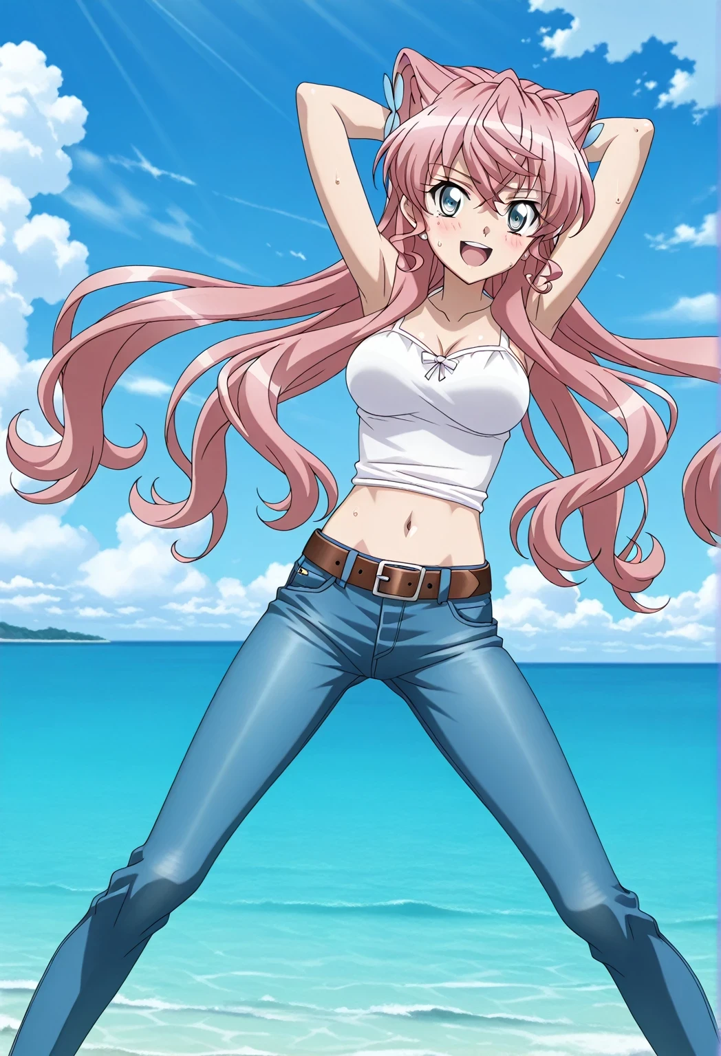 score_9, score_8_up, score_7_up, source_anime, highres, hi res, ((best quality, top quality, perfect quality, Highest Quality, amazing quality)), {{masterpiece}}, {{an extremely delicate and beautiful}}, 2d, intricate details, official style, anime, 8k, anime style, official_anime, official art, digital painting, cell shading, soft shading, high resolution, soothing tones, Subdued Color, Soft cinematic light, adobe lightroom, photolab, HDR, intricately and hyper-detailed, ((high quality animation)), 1 girl, Alone, solo, ((ocean)), tsunami, on the water, day, sunny, outdoors, sky, windy, Maria Cadenzavna Eve, senki zessho symphogear, pink hair, long hair, mariagear long hair, blue eyes, ,hair ornament, anime screencap, , white camisole top, crop top, white crop top, best quality, hyper-detailed jeans, belt, brown belt, ((blue jeans:1.9)), (dark blue jeans:0.6), full medium body, medium shot, Open mouth, smiling, happy face, blush, sweat, standing, ((arms behind head:6.0)), ((perfect arm line:2.5)), bowlegged, sliding pose, action, looking at viewer, , Bend knees slightly, straight-on front view