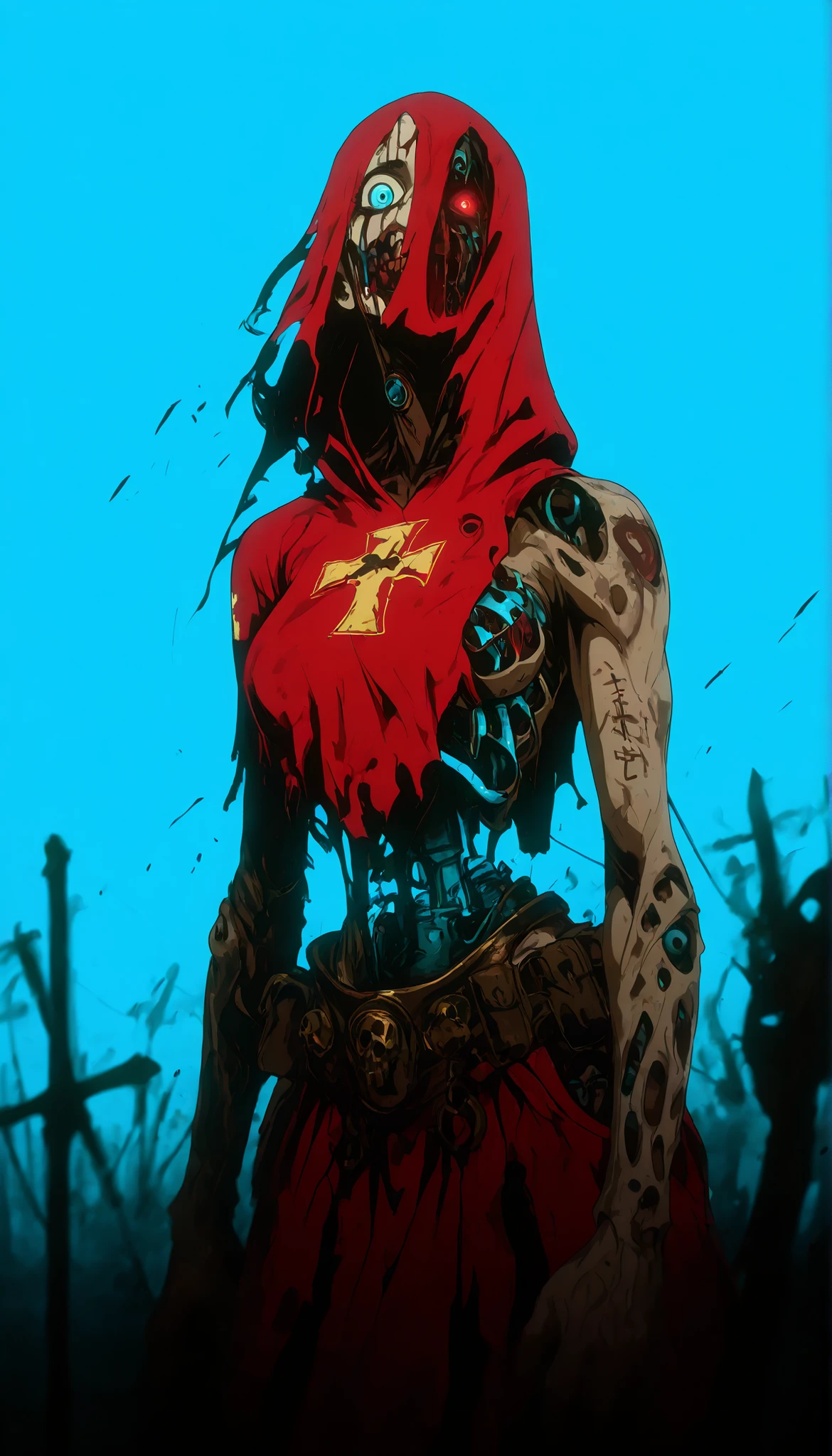 , masterpiece, the best quality, amazing quality, very aesthetic, an extremely high resolution, War song,Cuerbo, high contrast mini tube,red ,blue,yellow,zombie,ojos verdes y bluees,