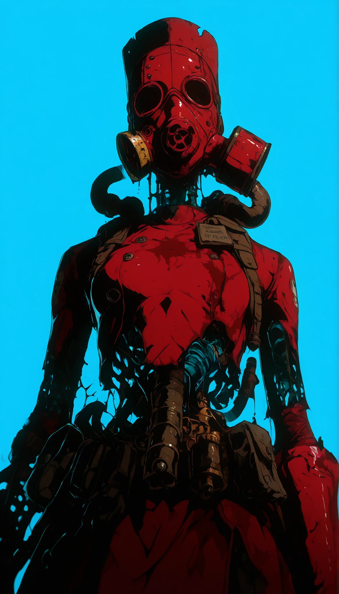 , masterpiece, the best quality, amazing quality, very aesthetic, an extremely high resolution, War song,Cuerbo, high contrast mini tube,red ,blue,yellow,zombie,Throat,gas mask,(oxygen pipe),exposed lungs
