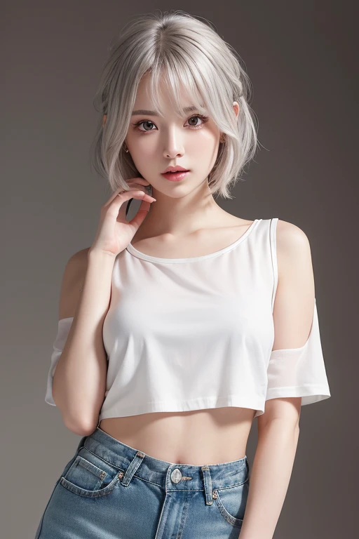 Beautiful woman with perfect figure:1.4，Ultra-high resolution，White background，（Realism:1.4)，Layered hairstyle，White skin，JK:1.5，Super short pleated skirt，whole body：1.4，Very delicate and skin texture，Double eyelids，Skin Whitening，Long hair，White hair
