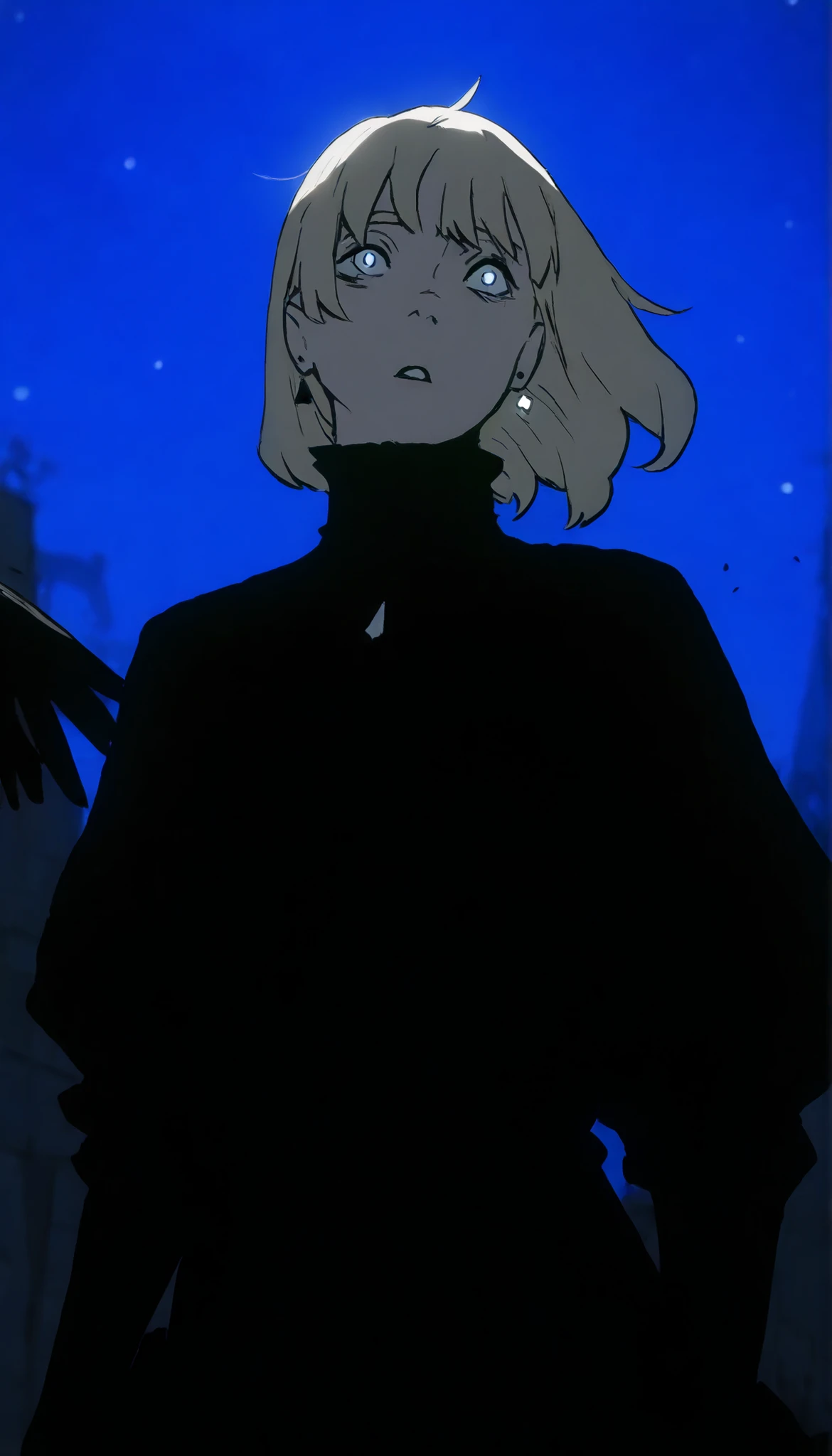 , masterpiece, the best quality, amazing quality, very aesthetic, an extremely high resolution, War song,Cuerbo,black feathers,In the night sky,high contrast mini tube, illuminated, 1 girl, lilisen, medium hair, blond hair, earrings, black dress, black tunic, mangas Julieta, collar