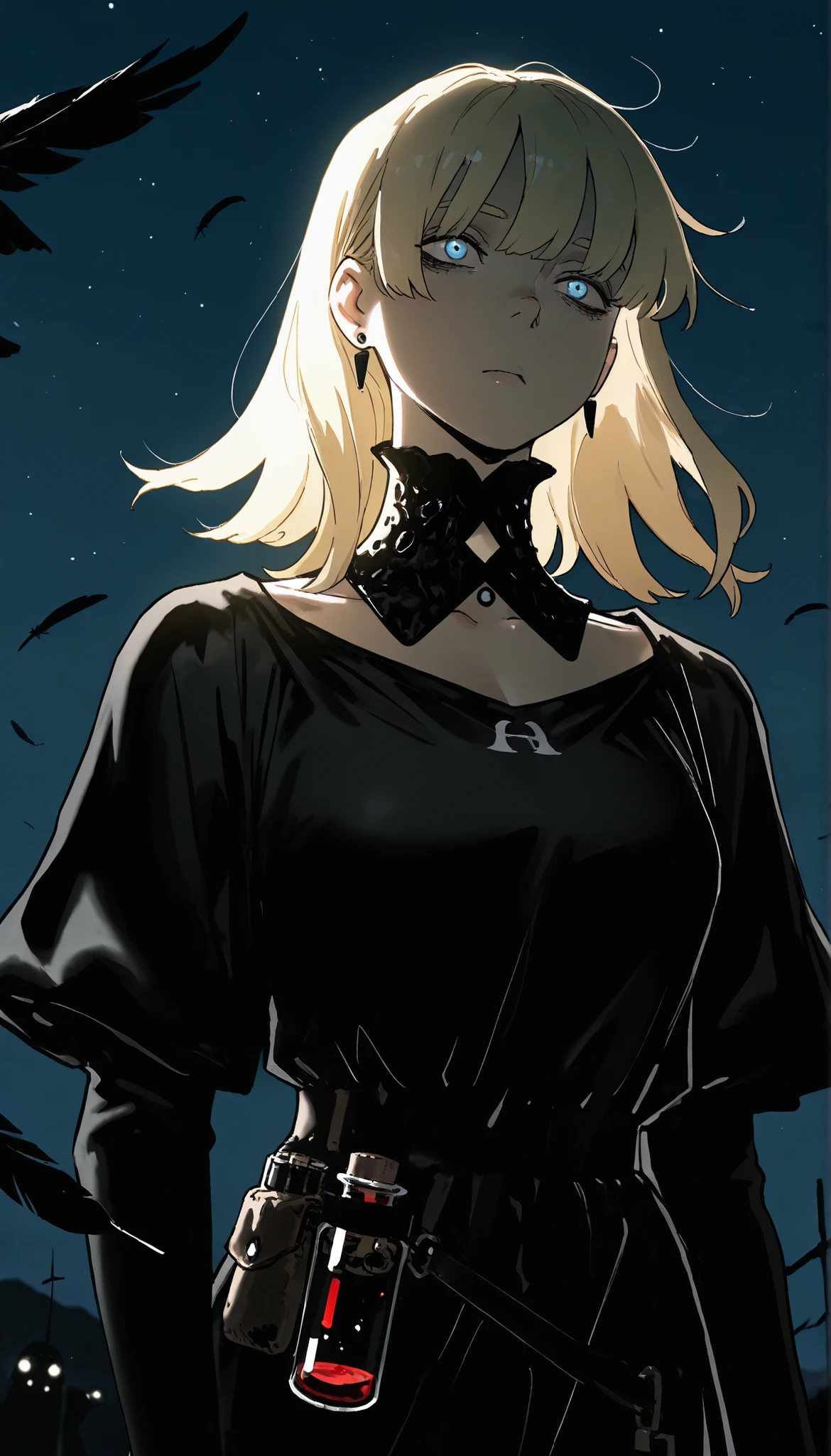 , masterpiece, the best quality, amazing quality, very aesthetic, an extremely high resolution, War song,Cuerbo,black feathers,In the night sky,high contrast mini tube, illuminated, 1 girl, lilisen, medium hair, blond hair, earrings, black dress, black tunic, mangas Julieta, collar