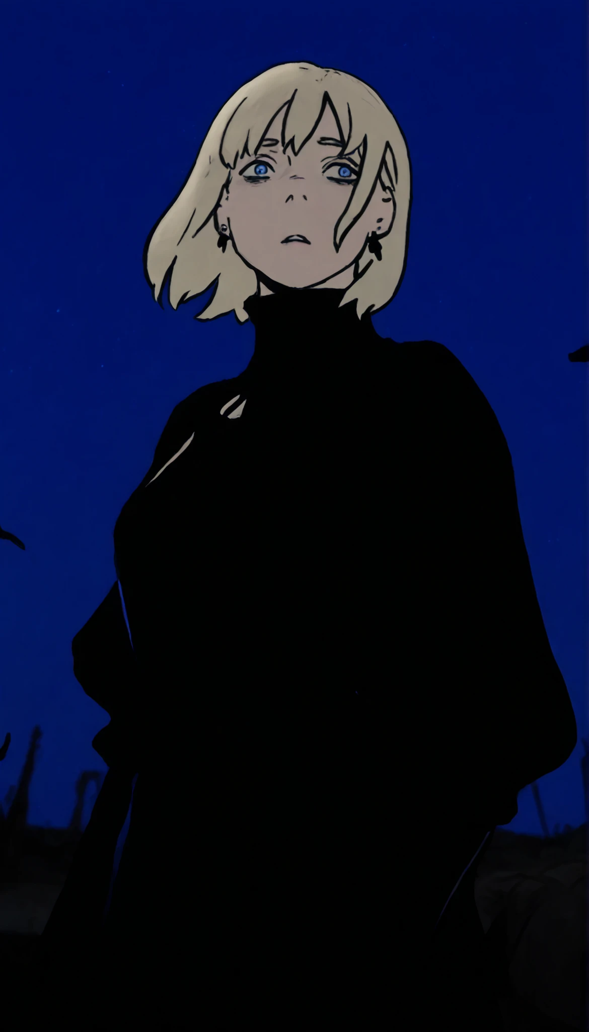 , masterpiece, the best quality, amazing quality, very aesthetic, an extremely high resolution, War song,Cuerbo,black feathers,In the night sky,high contrast mini tube, illuminated, 1 girl, lilisen, medium hair, blond hair, earrings, black dress, black tunic, mangas Julieta, collar