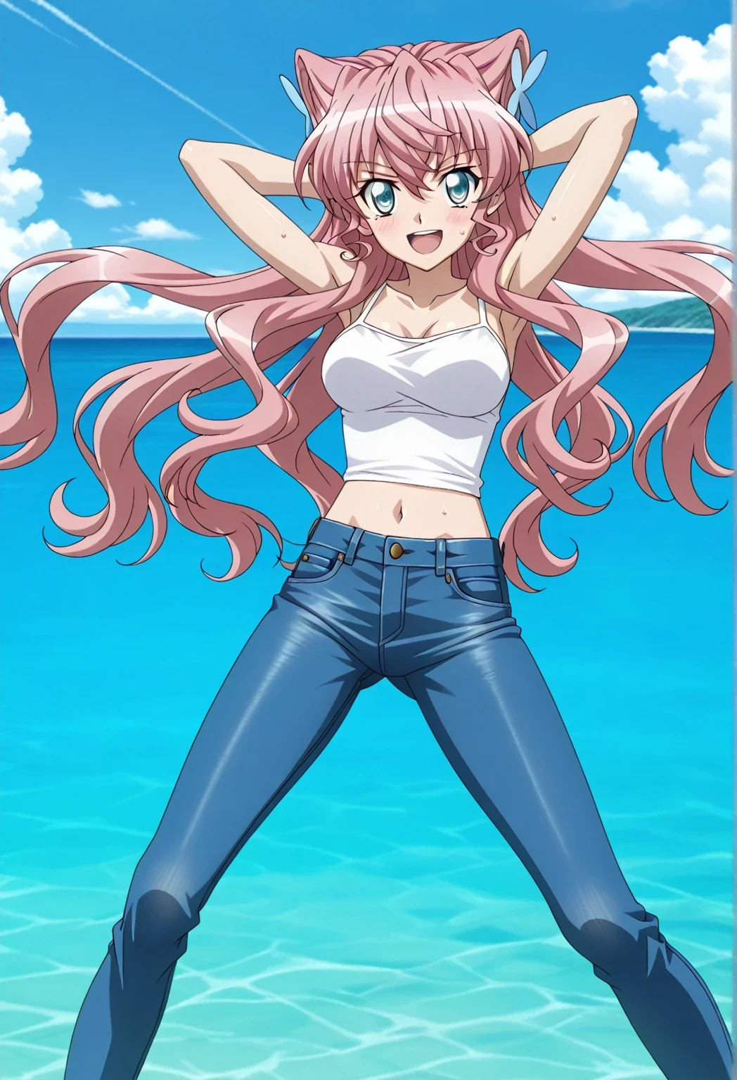 score_9, score_8_up, score_7_up, source_anime, highres, hi res, ((best quality, top quality, perfect quality, Highest Quality, amazing quality)), {{masterpiece}}, {{an extremely delicate and beautiful}}, 2d, intricate details, official style, anime, 8k, anime style, official_anime, official art, digital painting, cell shading, soft shading, high resolution, soothing tones, Subdued Color, Soft cinematic light, adobe lightroom, photolab, HDR, intricately and hyper-detailed, ((high quality animation)), 1 girl, Alone, solo, ((ocean)), tsunami, on the water, day, sunny, outdoors, sky, windy, Maria Cadenzavna Eve, senki zessho symphogear, pink hair, long hair, blue eyes, hair ornament, anime screencap, medium breasts, white camisole top, crop top, white crop top, best quality, hyper-detailed jeans, ((blue jeans:1.9)), (dark blue jeans:0.6), full medium body, medium shot, Open mouth, smiling, happy face, blush, sweat, standing, ((arms behind head:6.0)), ((perfect arm line:2.5)), bowlegged, sliding pose, action, looking at viewer, spread legs, Bend knees slightly, straight-on front view