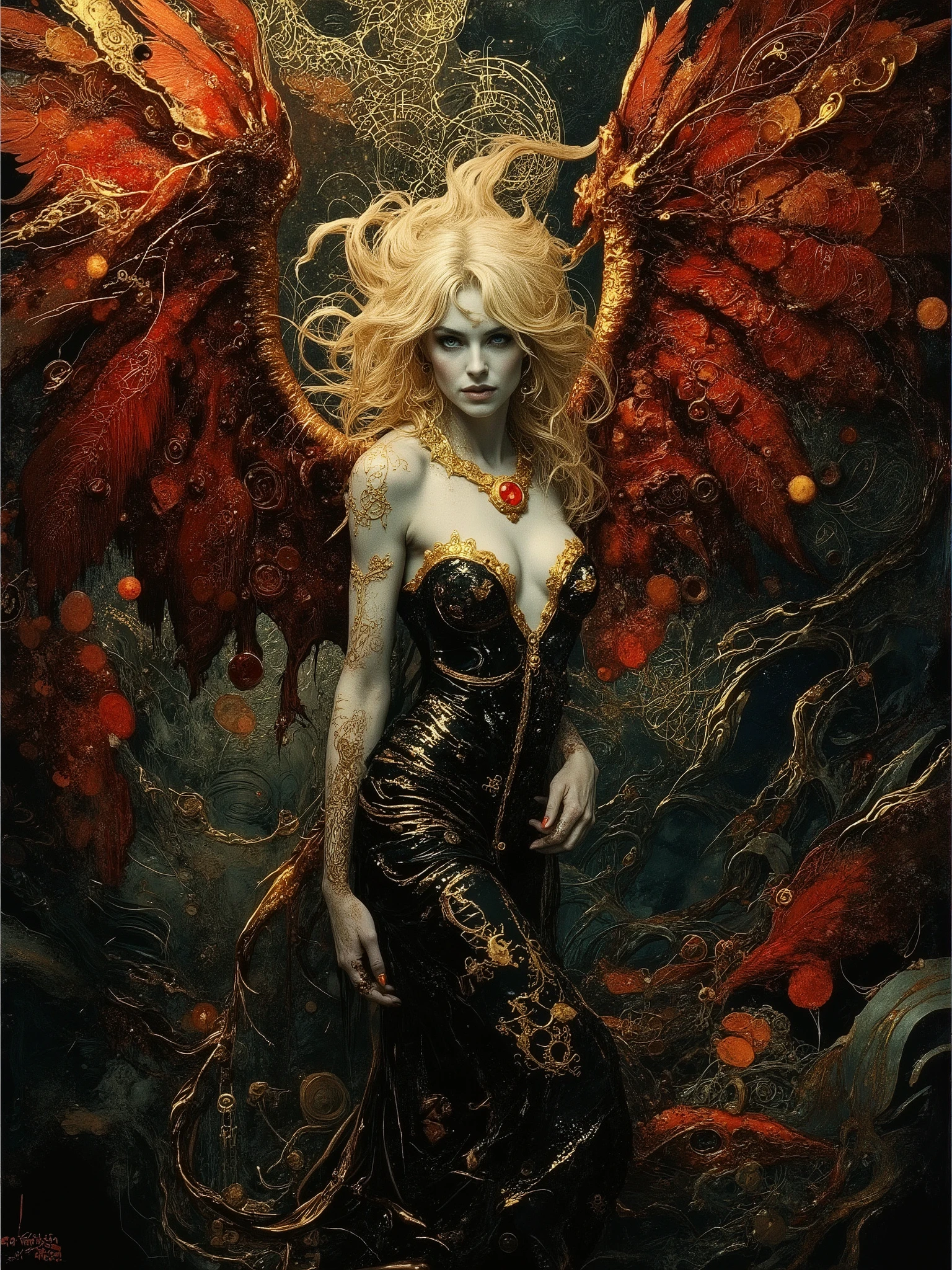 In a dreamlike realm of cinematic darkness and deep shadows, a ravishingly beautiful pale-skinned goddess stands provocatively alive with curves accentuated by her black low-cut dress embroidered with sacred equations and esoteric symbols in shimmering gold thread. Her wild dirty blonde hair frames a seraphic face with smoldering blue eyes that gaze at the viewer in an eldritch manner as she grins roguishly while weaving an incantation. Majestic feathery red leather wings with shimmering scales unfold dramatically from her back while a large gold and ruby necklace radiates an otherworldly aura around her neck. Behind her, a titanic cosmic maelstrom churns with glimmering phantasmagoria and eerie cosmic forms as she unleashes nature's powers in a blast of magical energy. The atmosphere features atmospheric haze, low-key lighting and masterful chiaroscuro techniques. The surreal fantasy scene blends the dark mystical elements of Gerald Brom's Gothic art, the vibrant depth of Noah Bradley's dreamscapes, and the ethereal cosmic aesthetic of Andrew Gonzalez, rendered with meticulous attention to erotic undertones, intricate details, high contrast, believable textures, and photorealistic quality.