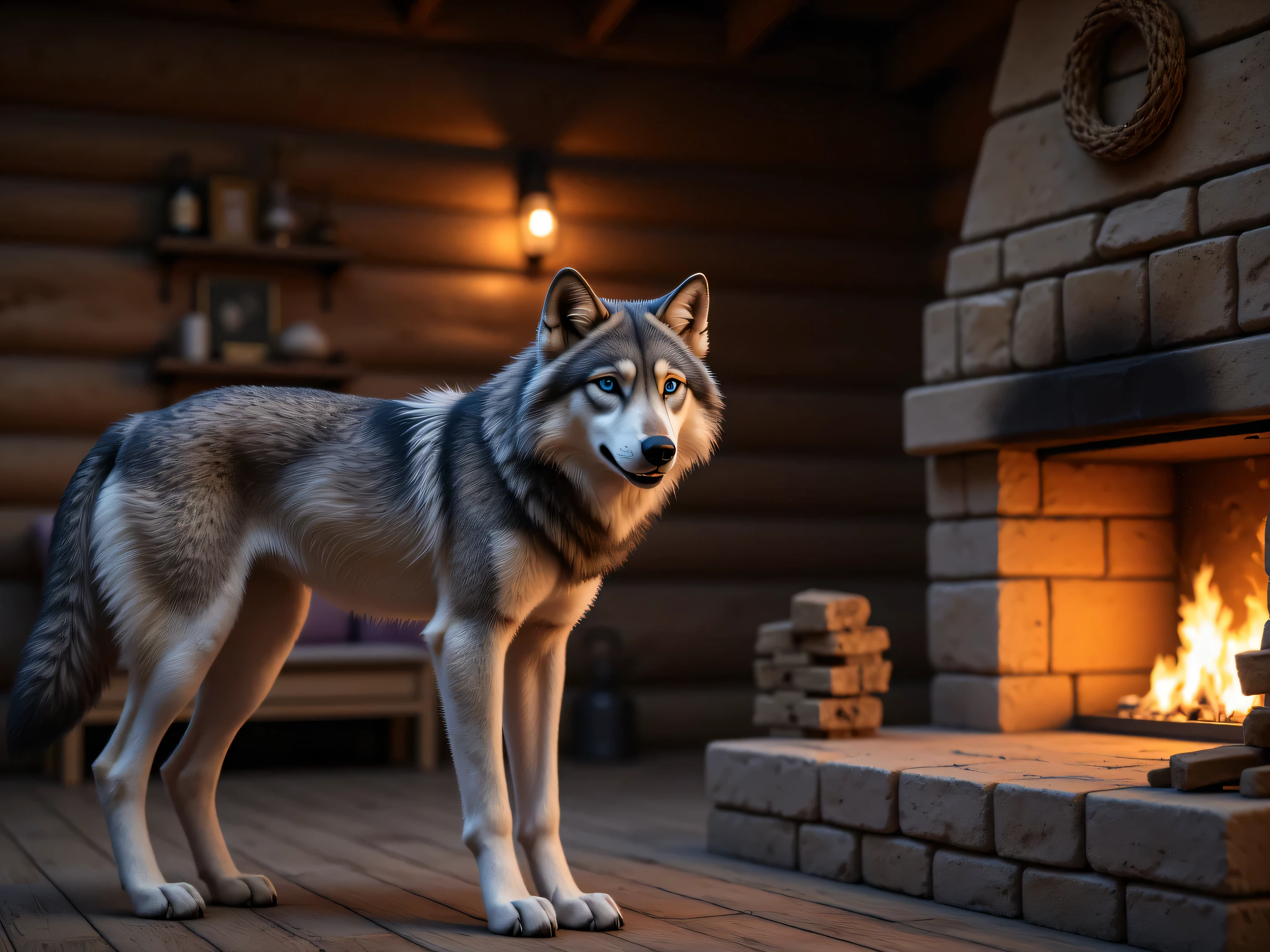 (masterpiece), best quality, 1wolf, a big grey standing next to a large open fireplace, in an old but well kept wood cabin, (best quality, 4K, 8K, high-resolution,) photorealistic, score_9, score_8_up, score_7_up,
