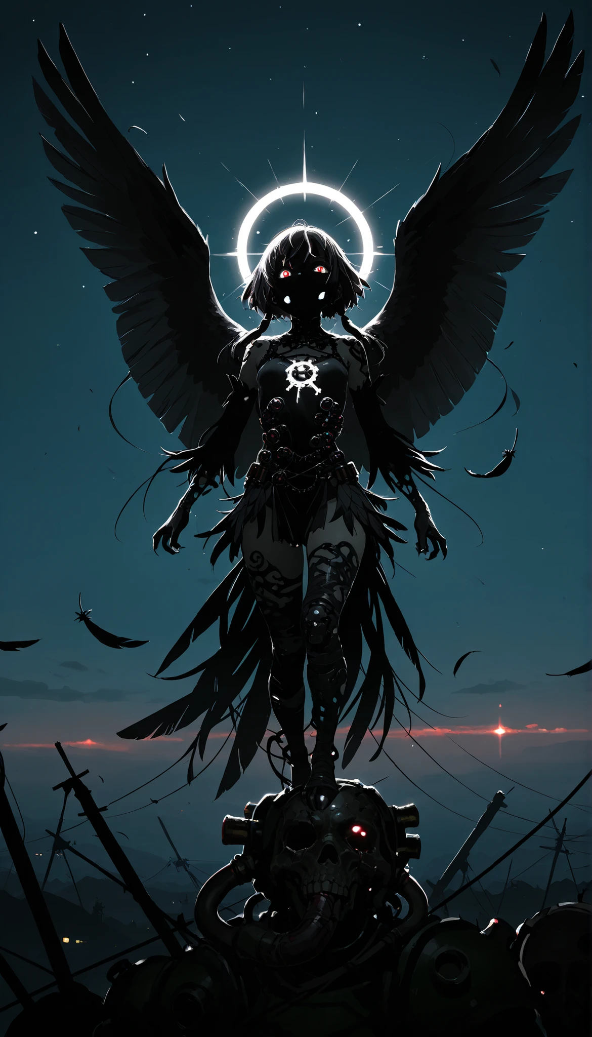 , masterpiece, the best quality, amazing quality, very aesthetic, an extremely high resolution, War song,Cuerbo,black feathers,In the night sky,high contrast mini tube, illuminated