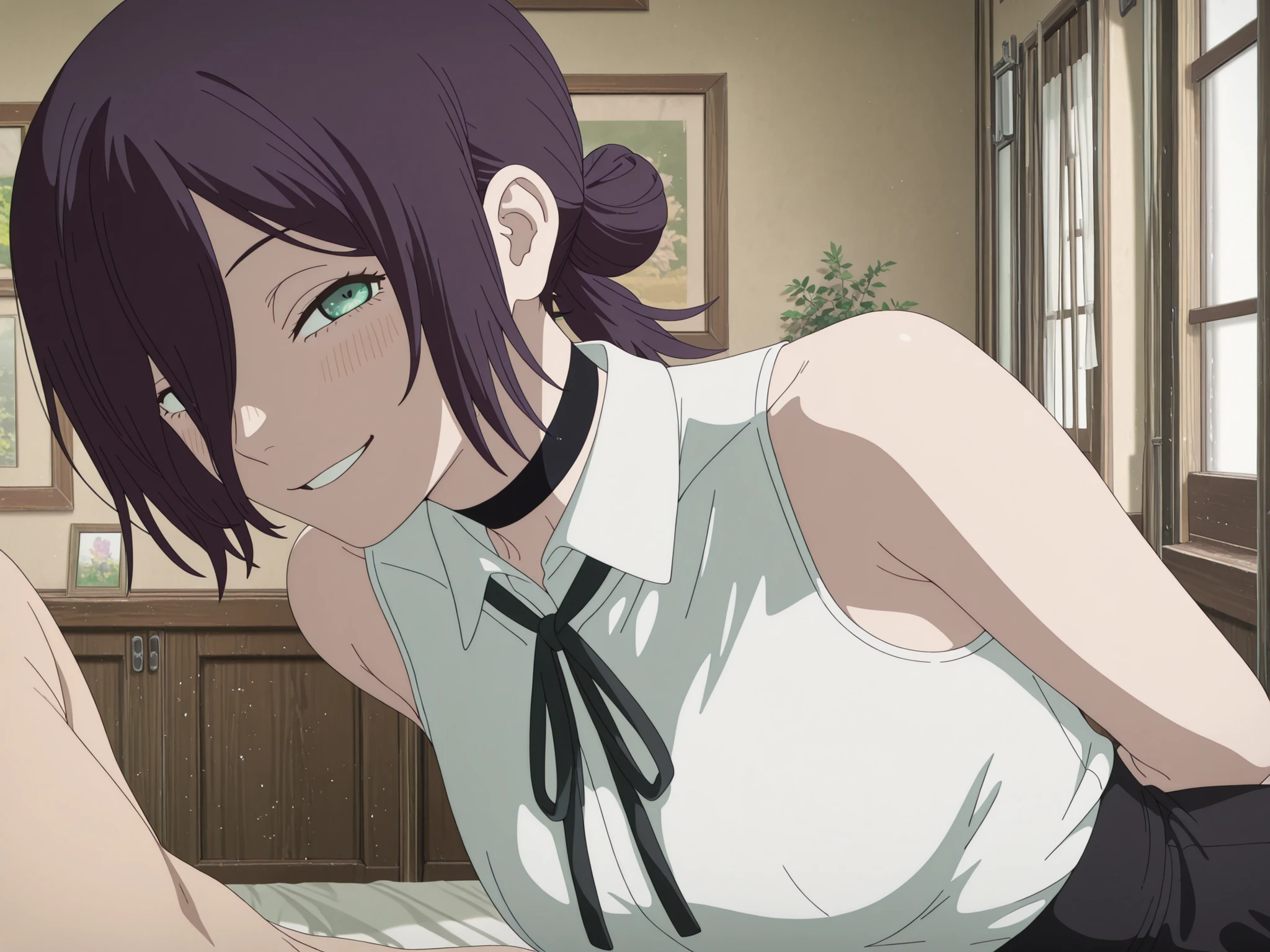 masterpiece, detailed:1.2),best quality, newest, very awa, masterpiece, best quality, absolutely absurdres, proportional body, proportional:1.2, beautiful hair, beautiful face, newest, anime screencap, cinematic composition, ultra detail, medium breasts, rezewah, single hair bun, short ponytail, hair between eyes,black choker, bare shoulders, black ribbon, collar, collared shirt, neck ribbon, ribbon, shirt, sleeveless, sleeveless shirt, white shirt, blush, smile, looking at viewer, pull pin decorate on choker, decoration on side of choker, face close up, leaning forward, arms behind back, bangs over one eye,
(anime screenshot, anime coloring, anime screencap),