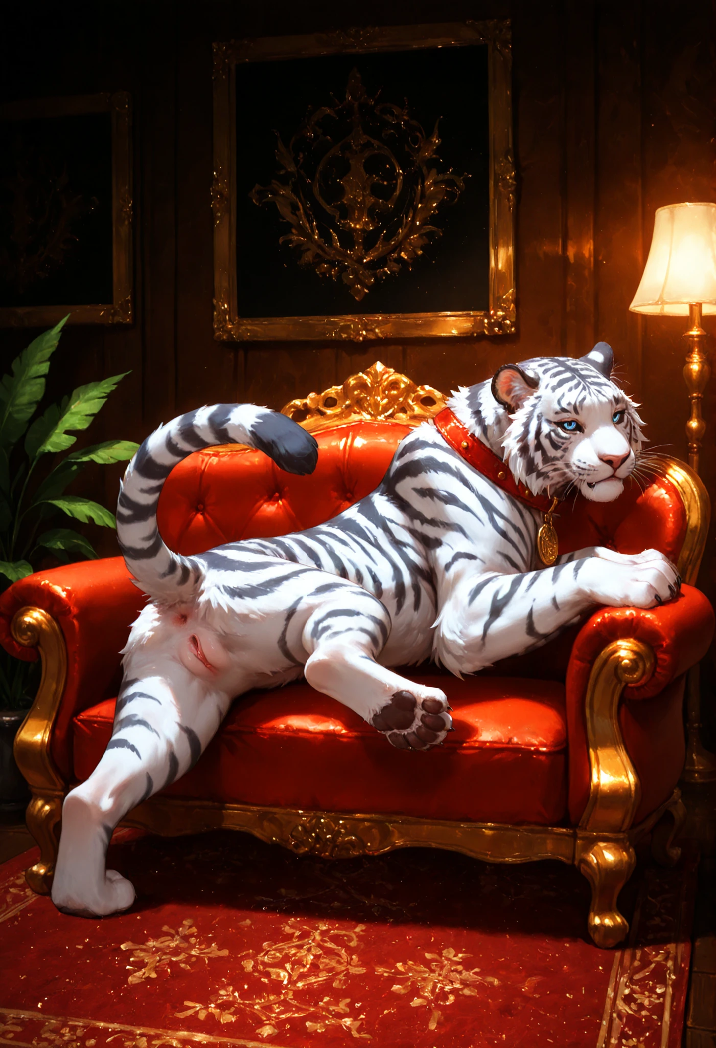 solo, female, feral large tiger mount, quadruped, large body, female, fur tuff, black sclera, white iris, bioluminescence, tail, asshole, collar, black feline pussy, facing viewer, full body view, intricate details, cinematic lighting, elegant interior, luxurious couch, realistic fur textures, dramatic shadows, warm color palette, award winning digital art