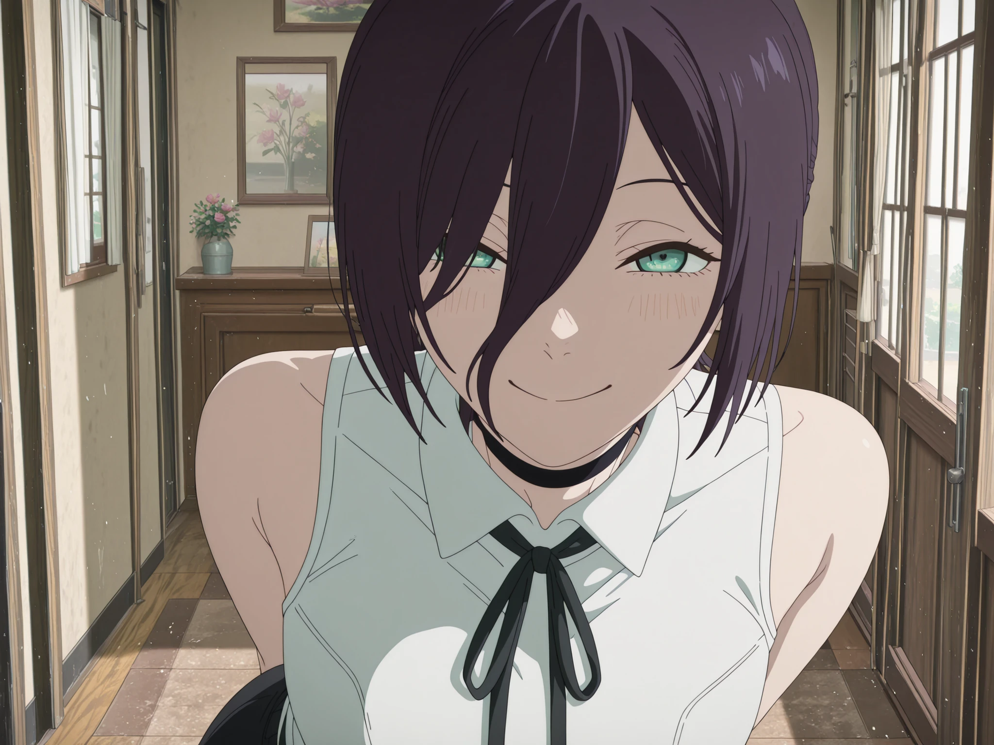 masterpiece, detailed:1.2),best quality, newest, very awa, masterpiece, best quality, absolutely absurdres, proportional body, proportional:1.2, beautiful hair, beautiful face, newest, anime screencap, cinematic composition, ultra detail, , rezewah, single hair bun, short ponytail, hair between eyes,black choker,  shoulders, black ribbon, collar, collared shirt, neck ribbon, ribbon, shirt, sleeveless, sleeveless shirt, white shirt, blush, smile,  looking at viewer, pull pin decorate on choker, decoration on side of choker, face focus, leaning forward, arms behind back, bangs over one eye,
 (anime screenshot, anime coloring, anime screencap), 