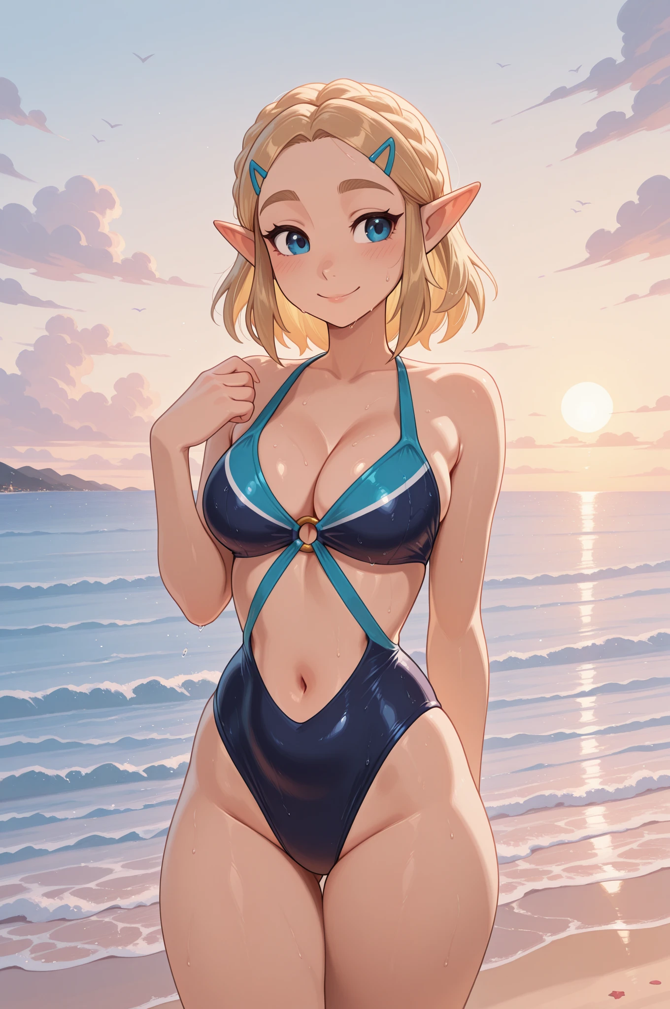 Score_9, score_8_up, score_7_up,  <lora:Cléophée:1> Cleophee, pointy ears, freckles, green eyes, long hair, blonde hair, hair over one eye, jewelry, braid, earrings, ocean, bikini, o-ring, from behind, wet, partially submerged,