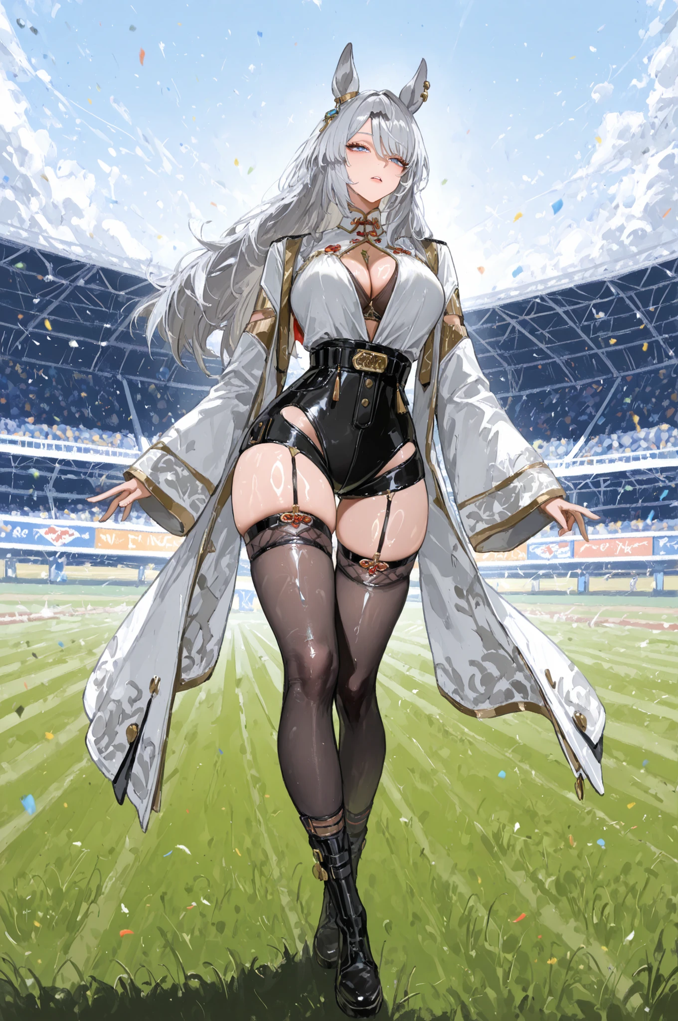 racecourse、Racecourse、Uma Musume、horse ear、Jirio Mahonoko、 A sophisticated eye 、Full Body、GBF_style、748cm style、32K、semi-realistic、  super detailed description on the front 、art work、Original Work、 Detailed Color、 detailed eyes、 detailed face 、Detailed Eyes、detailed eyes、Exquisite eyes, The best傑作、professional job、Beautiful , Lots of Piercings, pop art, shiny oily skin, realistic skin, The best, long hair under , blue eyes,    cool look, narrowed her eyes, viewers, Silver Hair、lawn、Racecourse、Turf、Race Course 、dynamic pose 、緑のlawn,Racecourse、lawn、Black Knee Socks、緑のlawn、black hotpants、black hotpants、black tights、lawnの上、frustrated、Three-quarter sleeves、3/4 sleeve long coat、white coat、garter belt