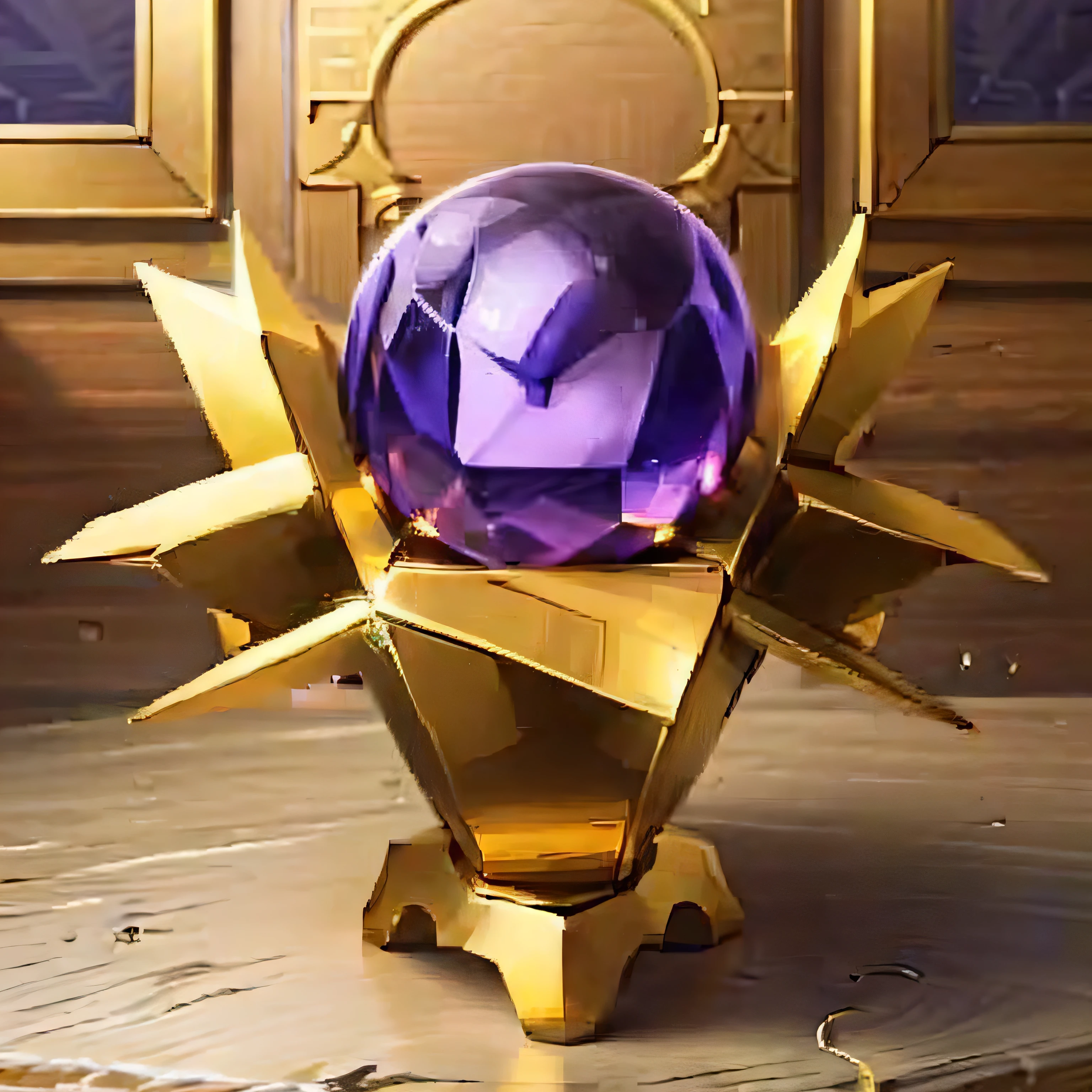 A purple glass ball with a golden pedestal is placed on the table