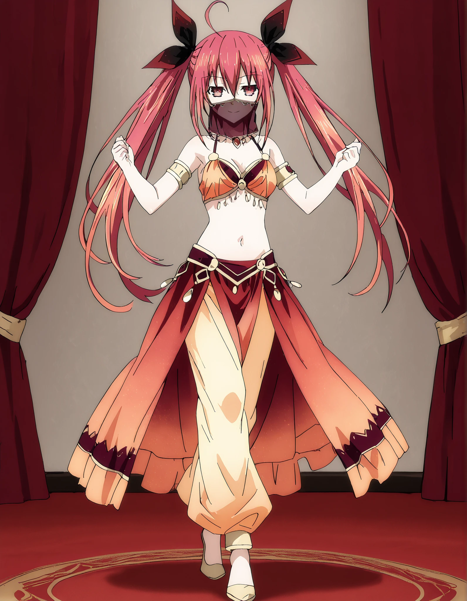 (1girl:1 . 5) , (Seul:1 . 5) , score_9 , score_8_haut , score_7_haut , source_anime , Official work  , ultra-detailed , masterpiece , best quality , high resolution , beaux yeux , detailed eyes , Detailed face , beautiful detailed eyes,1girl, long hair, red eyes, dress, twintails, ahoge, red hair, ribbon,Date A Live,Kotori Itsuka,Arabian Clothes , Arabian Dancer Outfit ,belly dancer costume,belly dancer outfit ,full body,golden jewelery,mouth veil,armlet, belly dancing,arabian theater,seductive smile, dancing with veil, dynamic movement,dance posture, seductive pose