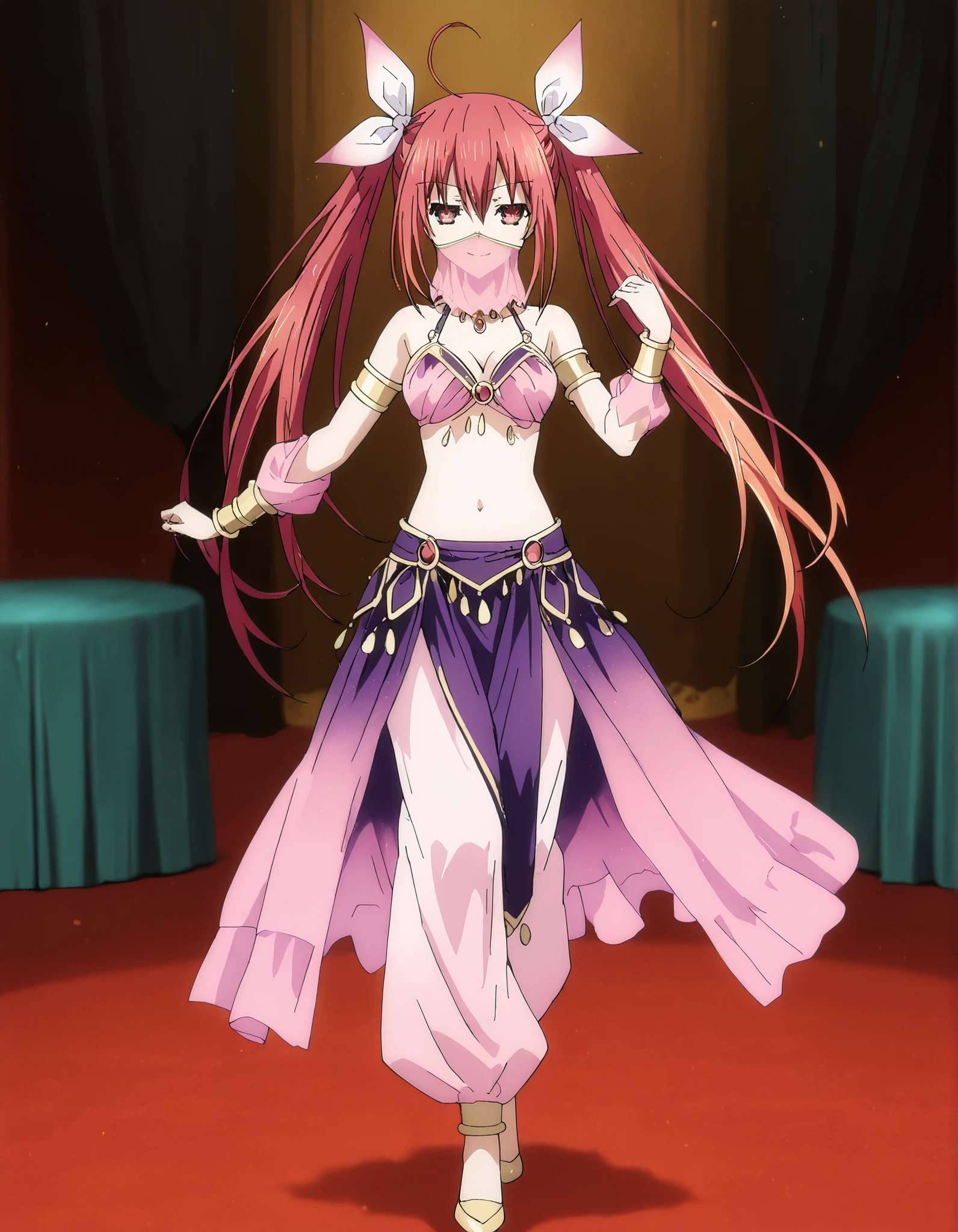 (1girl:1 . 5) , (Seul:1 . 5) , score_9 , score_8_haut , score_7_haut , source_anime , Official work  , ultra-detailed , masterpiece , best quality , high resolution , beaux yeux , detailed eyes , Detailed face , beautiful detailed eyes,1girl, long hair, red eyes, dress, twintails, ahoge, red hair, ribbon,Date A Live,Kotori Itsuka,Arabian Clothes , Arabian Dancer Outfit ,belly dancer costume,belly dancer outfit ,full body,golden jewelery,mouth veil,armlet, belly dancing,arabian theater,seductive smile, dancing with veil, dynamic movement,dance posture, seductive pose